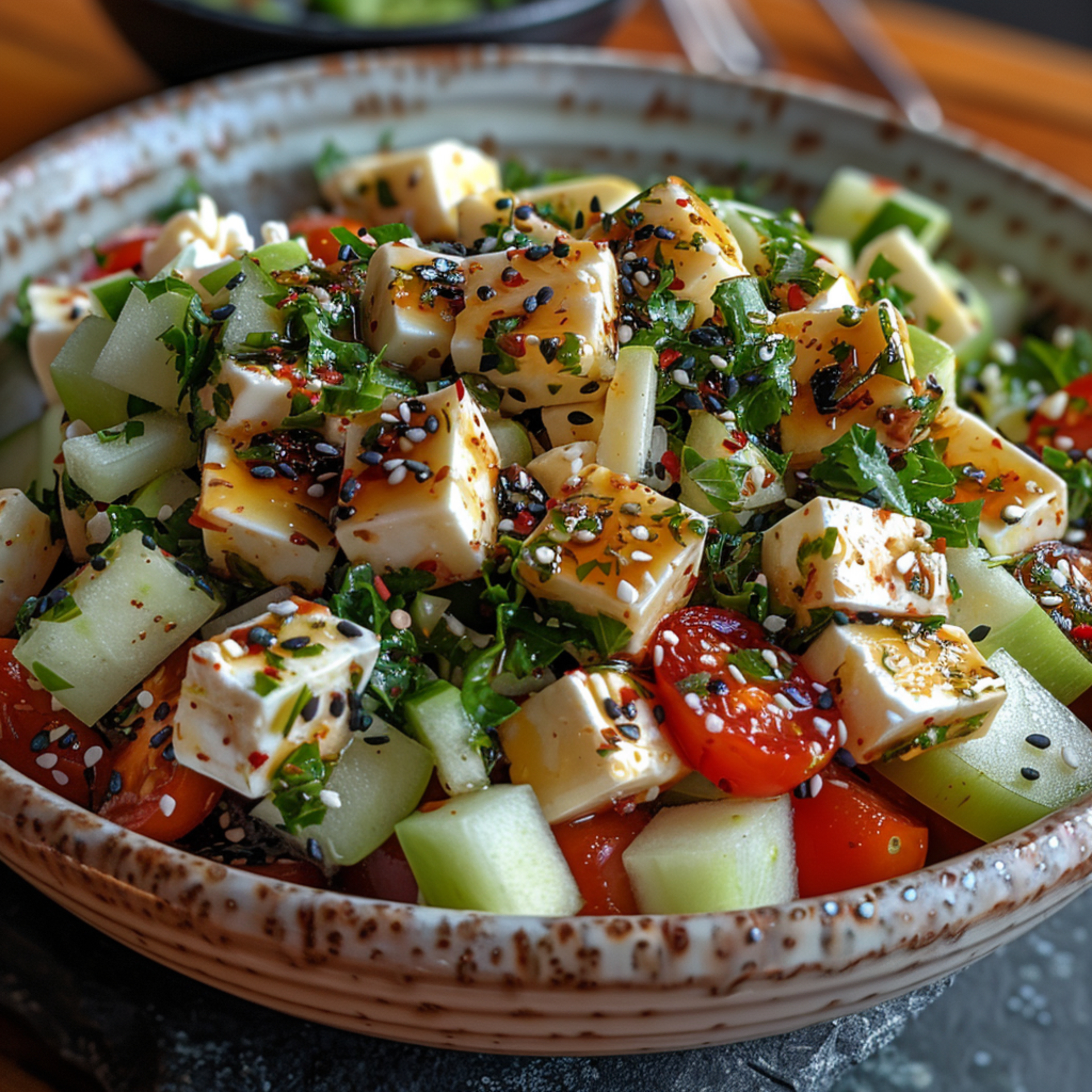 Overhead flat-lay of all ingredients for Radiant Ethiopian Ayib Tofu Salad with Berbere Vinaigrette laid out on a kitchen surface.