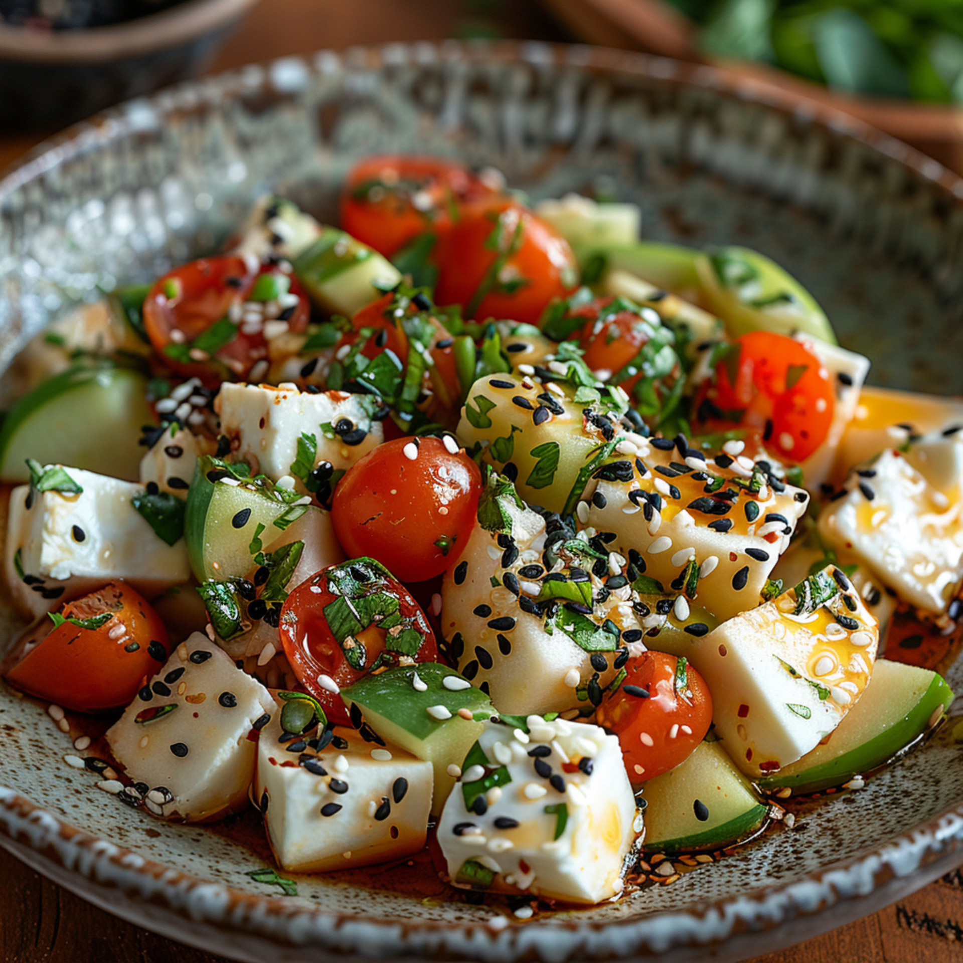 Radiant Ethiopian Ayib Tofu Salad with Berbere Vinaigrette — Salad served and photographed from above