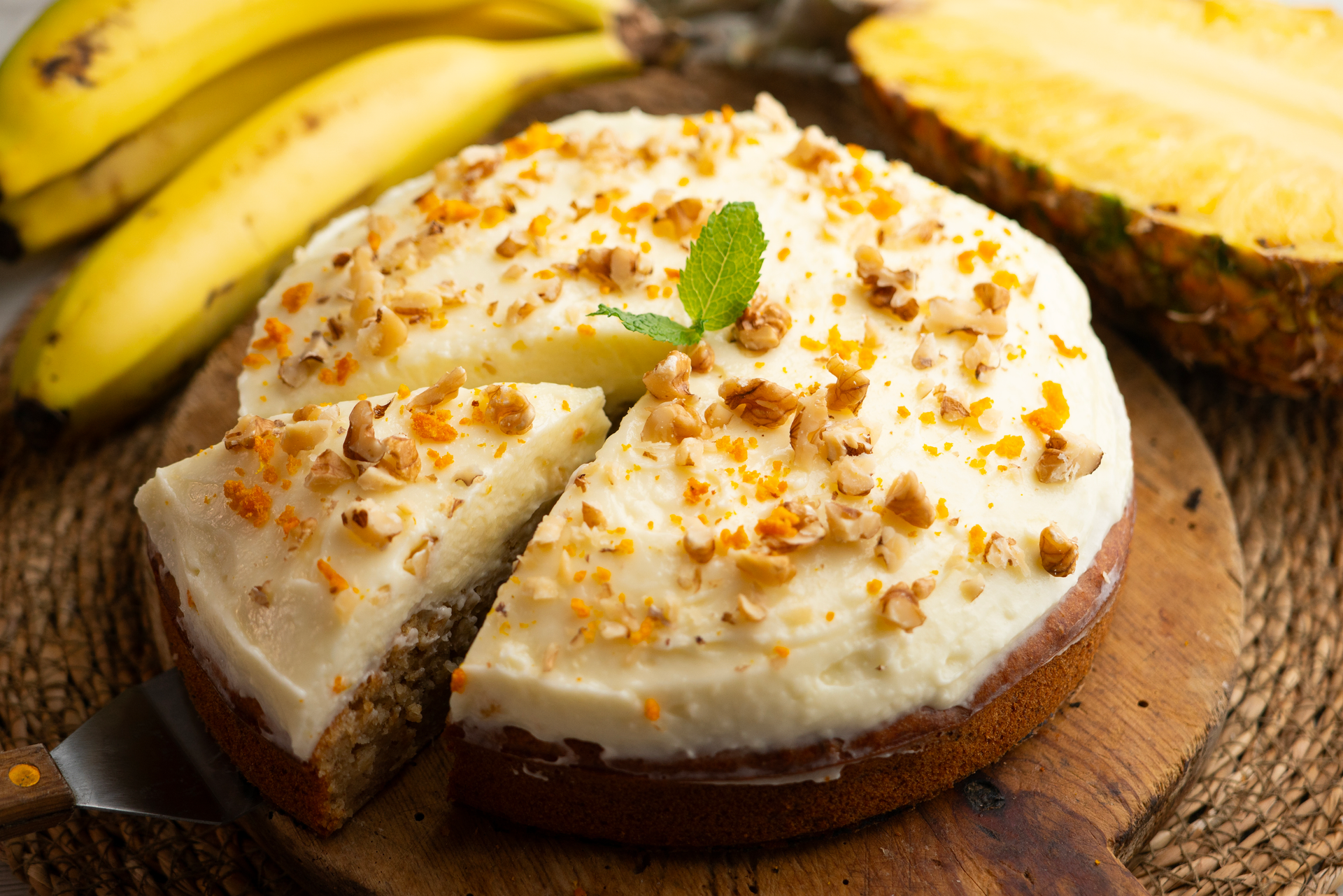 Radiant Jamaican Plantain and Rum Cheesecake with Coconut Meringue — Dessert served and photographed from above