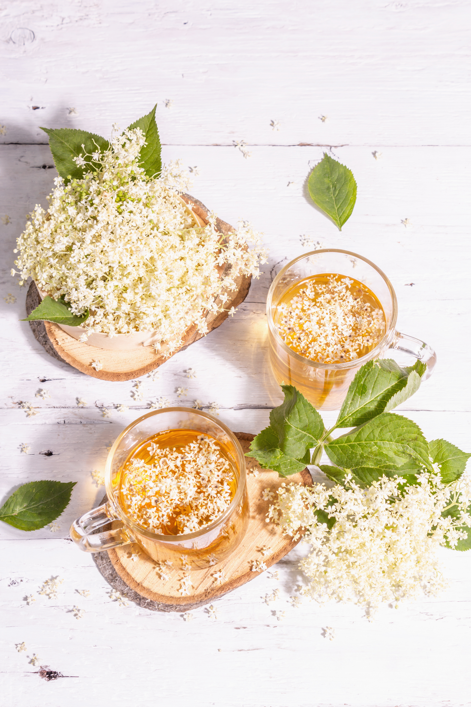 Overhead flat-lay of all ingredients for Refreshing Danish Elderflower Cordial laid out on a kitchen surface.