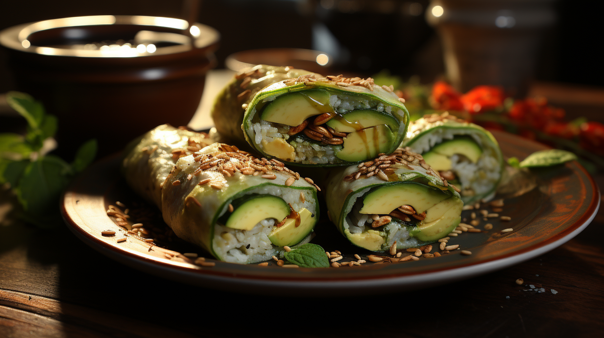 Rich Ethiopian Injera Roll-Ups with Avocado and Berbere — Appetizer served and photographed from above