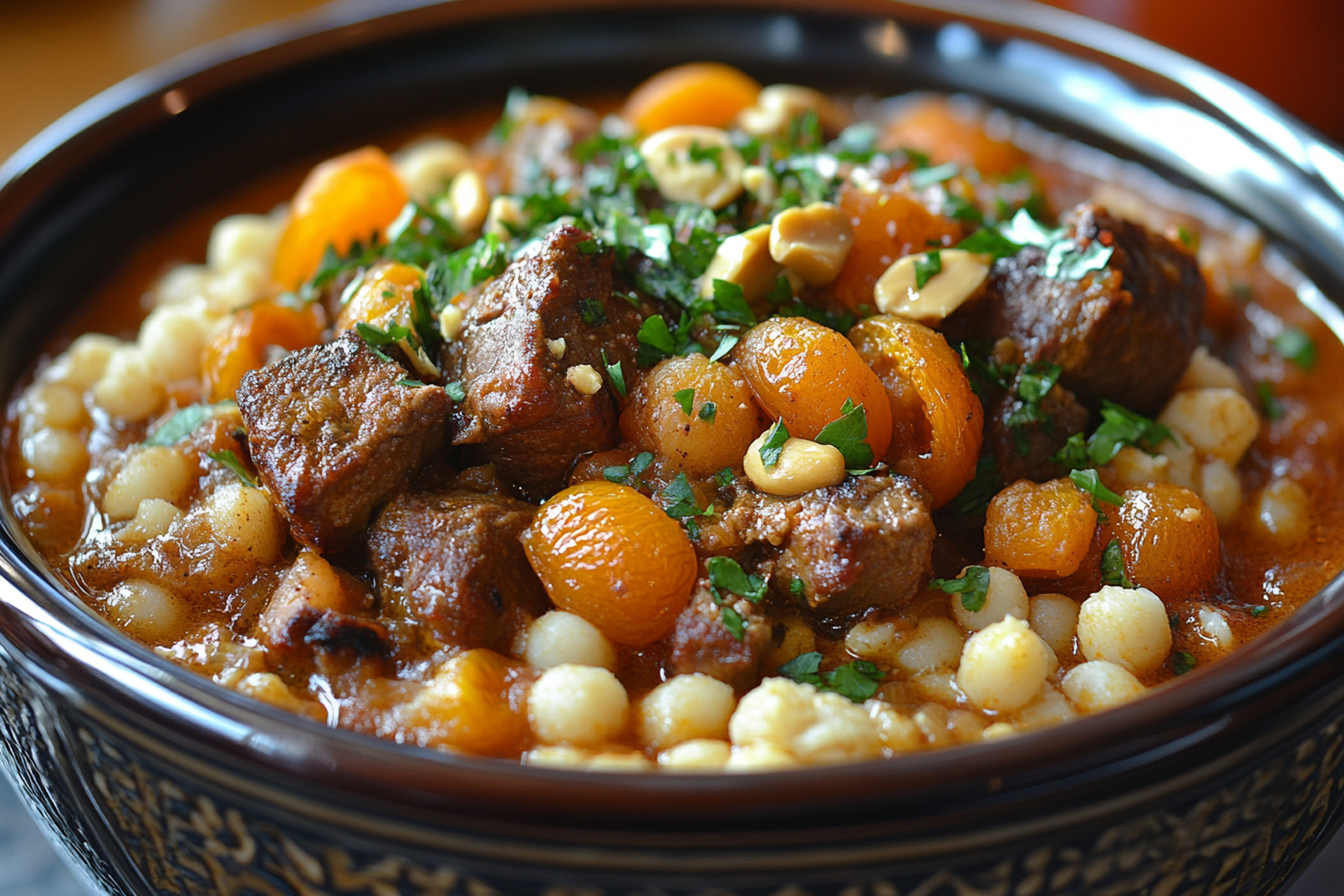 Overhead flat-lay of all ingredients for Rich Moroccan Lamb Knuckles with Chickpea Stew laid out on a kitchen surface.