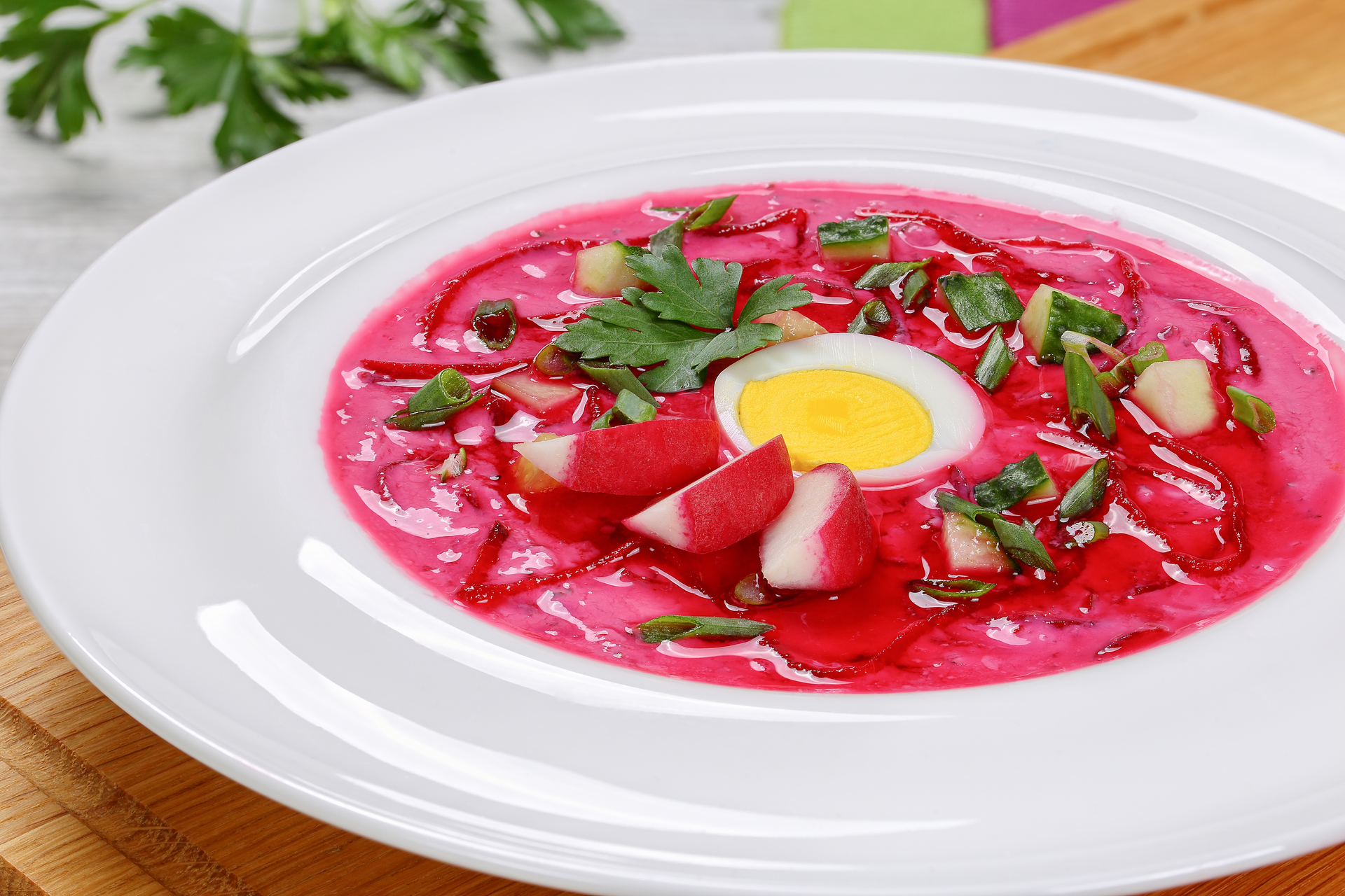Rich Ukrainian Borscht with Sour Cream — Soup served and photographed from above