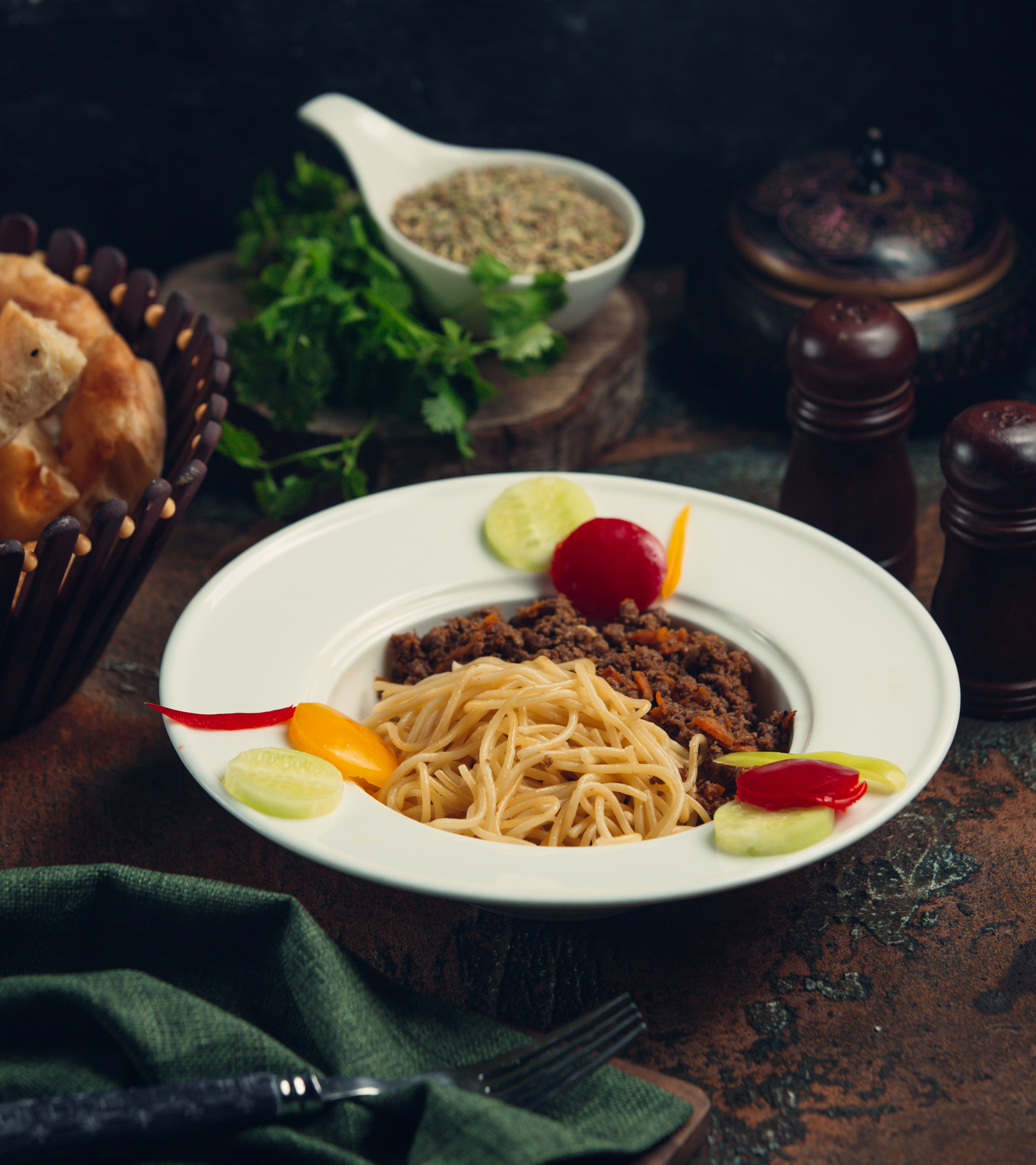 Overhead flat-lay of all ingredients for Risotto alla Milanese laid out on a kitchen surface.