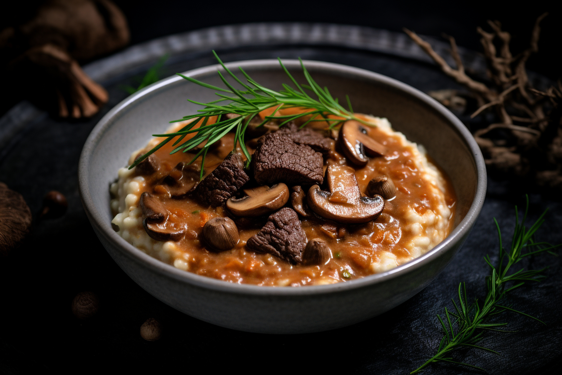Robust Icelandic Lamb Soup with Mushrooms and Barley — Soup served and photographed from above