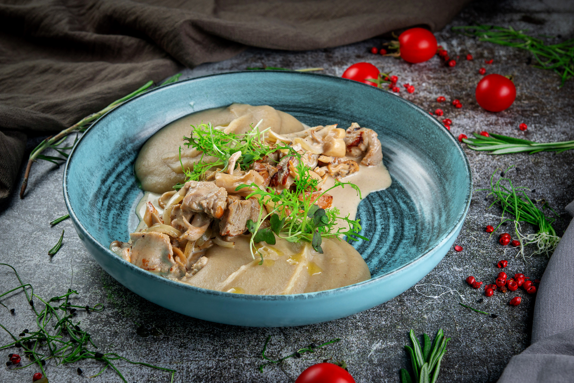Overhead flat-lay of all ingredients for Russian Beef Stroganoff with Dill and Smetana laid out on a kitchen surface.