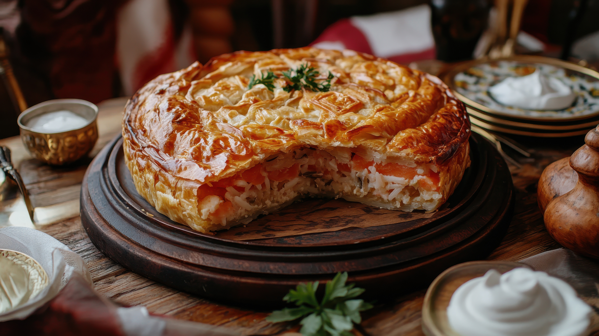 Overhead flat-lay of all ingredients for Russian Kurnik Pie with Chicken and Rice laid out on a kitchen surface.