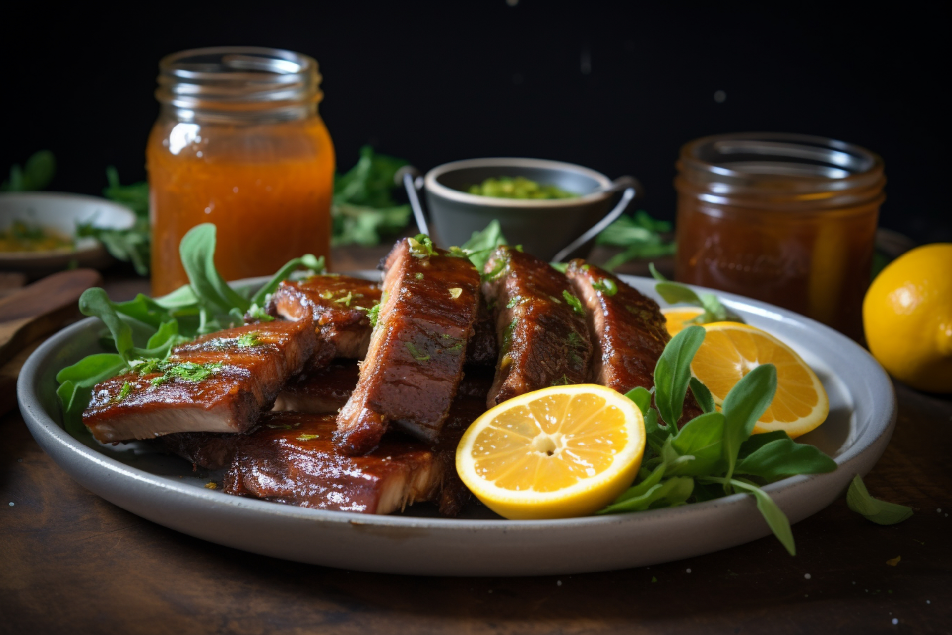 Overhead flat-lay of all ingredients for Russian Kvass-Braised Spare Ribs with Mustard Greens laid out on a kitchen surface.