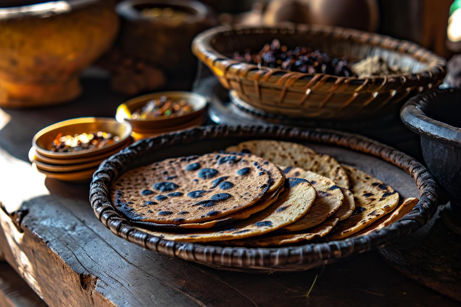 Overhead flat-lay of all ingredients for Rustic Ethiopian Teff Pancakes with Ginger Stewed Lentils laid out on a kitchen surface.