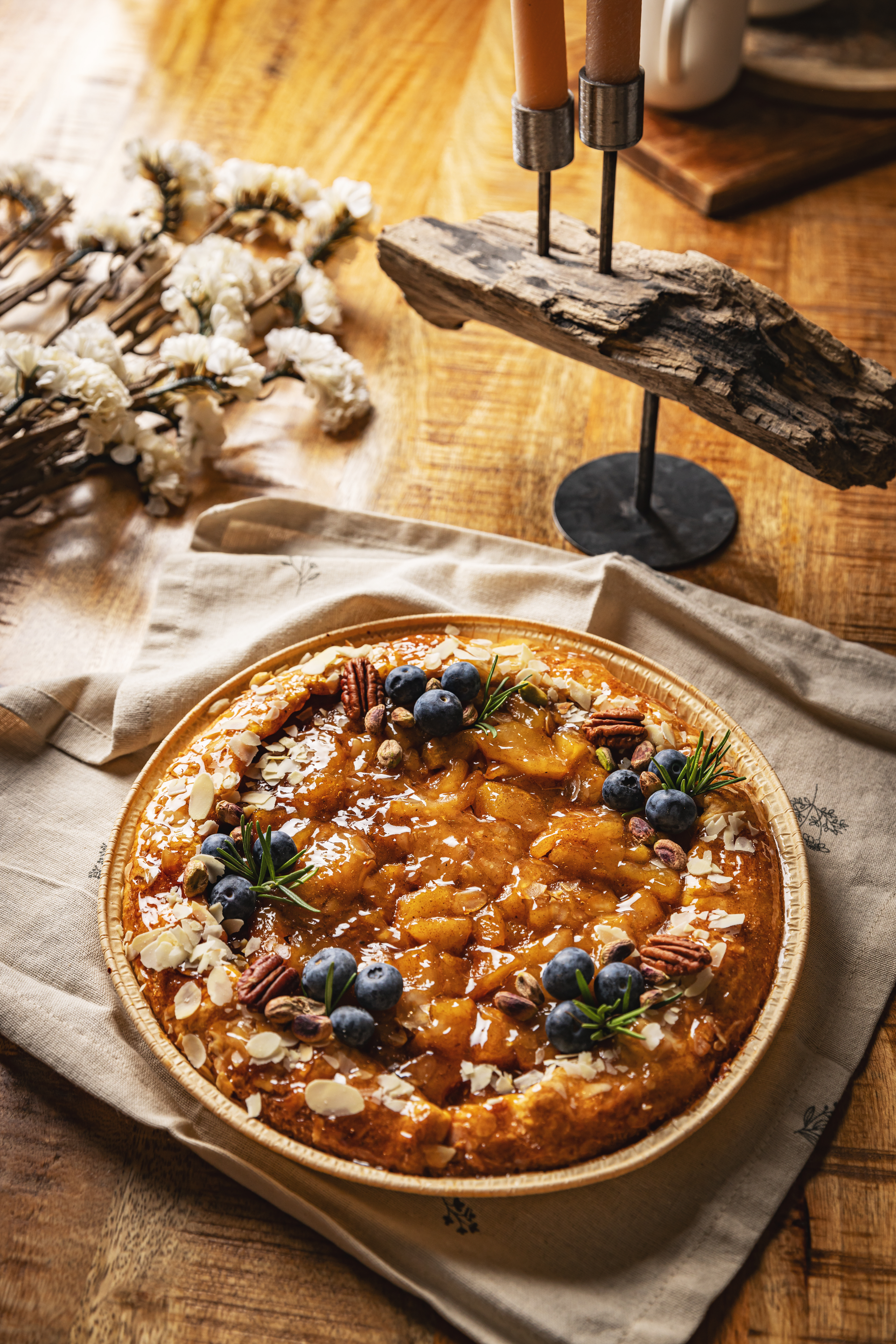 Rustic French Apple Tart with Lavender Honey Drizzle — Dessert served and photographed from above
