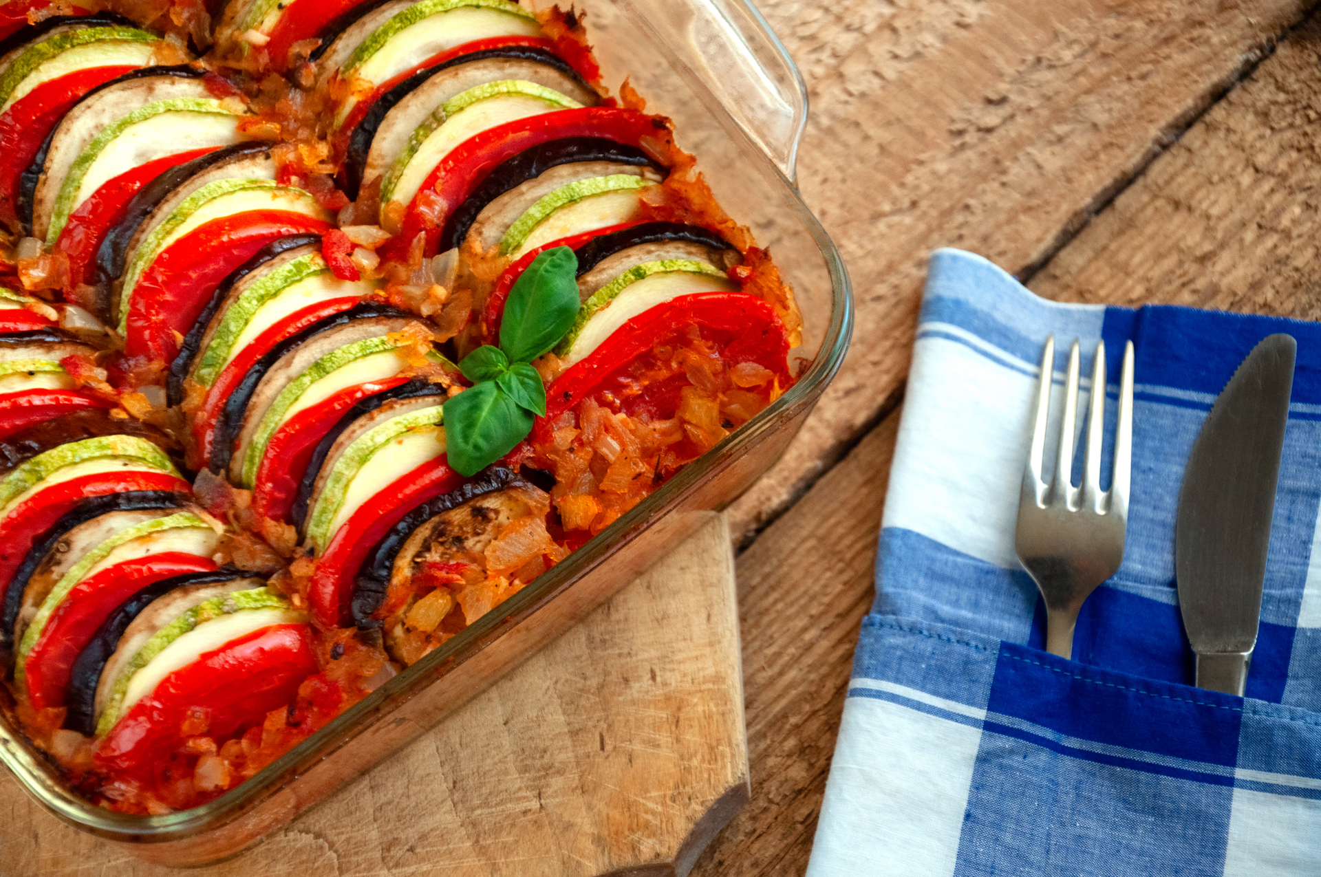 Rustic French Ratatouille with Heirloom Tomatoes — Main Course served and photographed from above