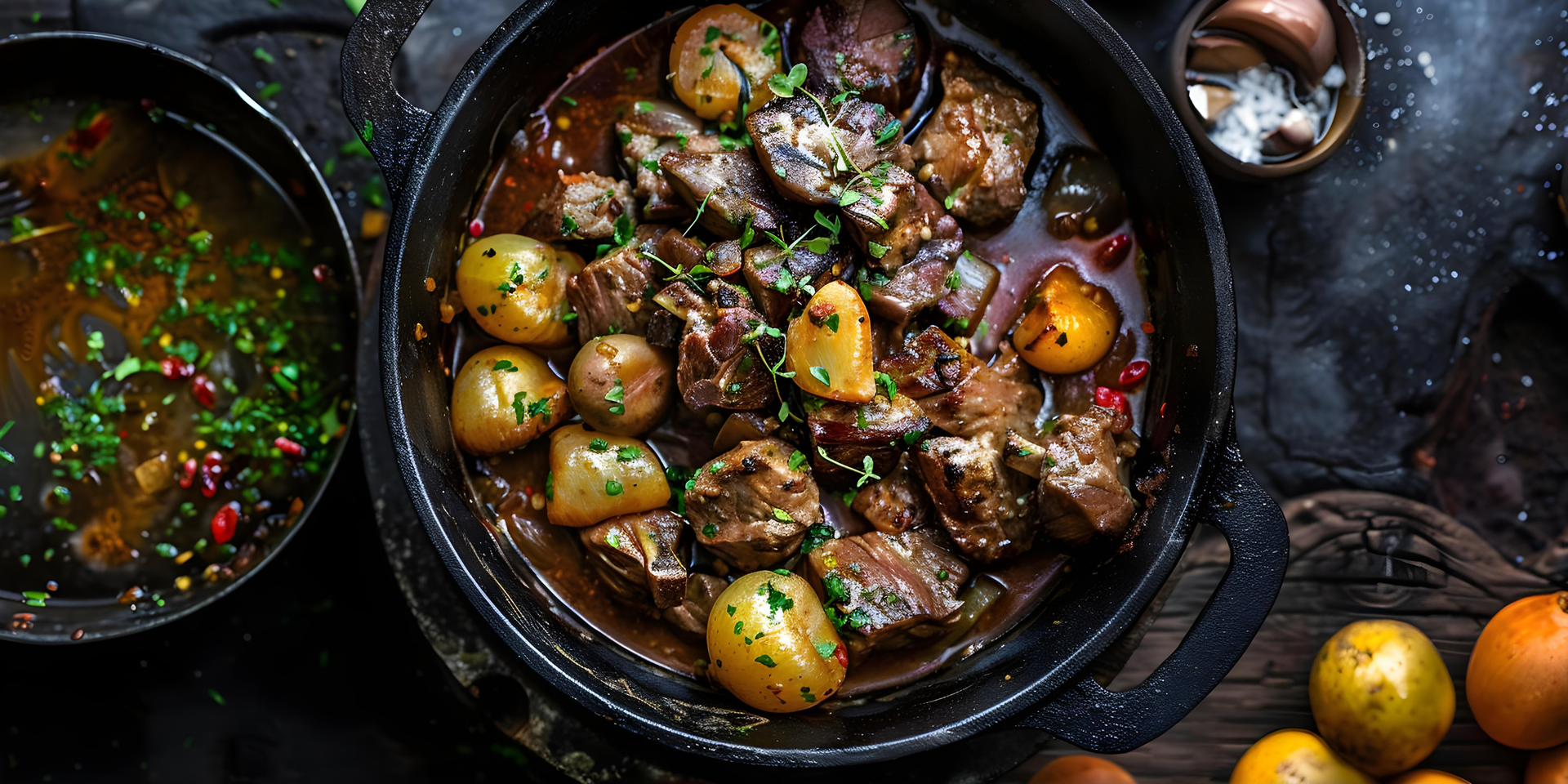Overhead flat-lay of all ingredients for Rustic Icelandic Lamb Stew with Root Vegetables laid out on a kitchen surface.