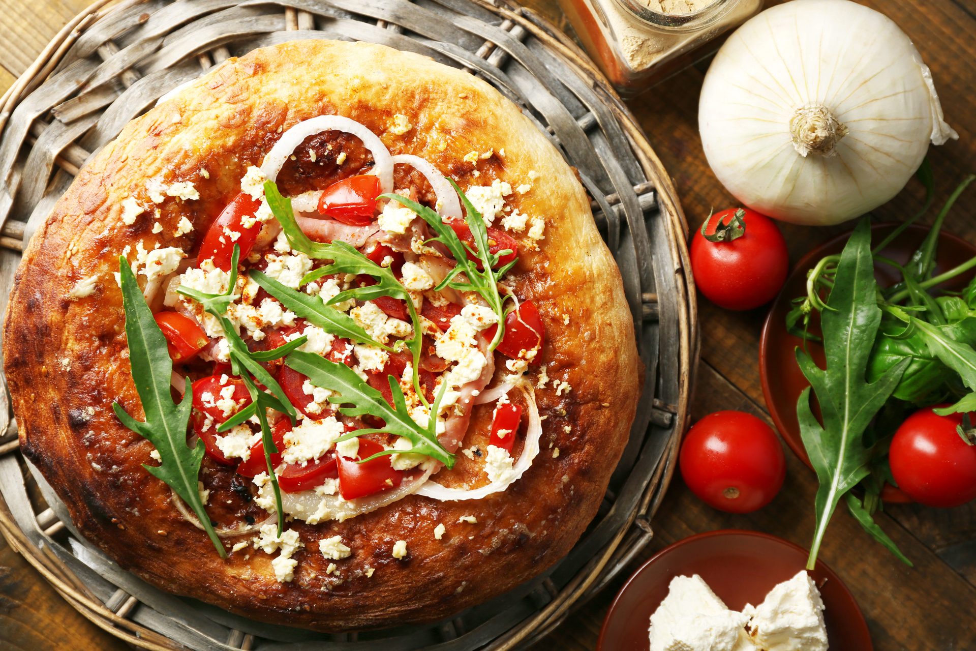 Overhead flat-lay of all ingredients for Rustic Italian Farinata with Sundried Tomato and Rosemary laid out on a kitchen surface.