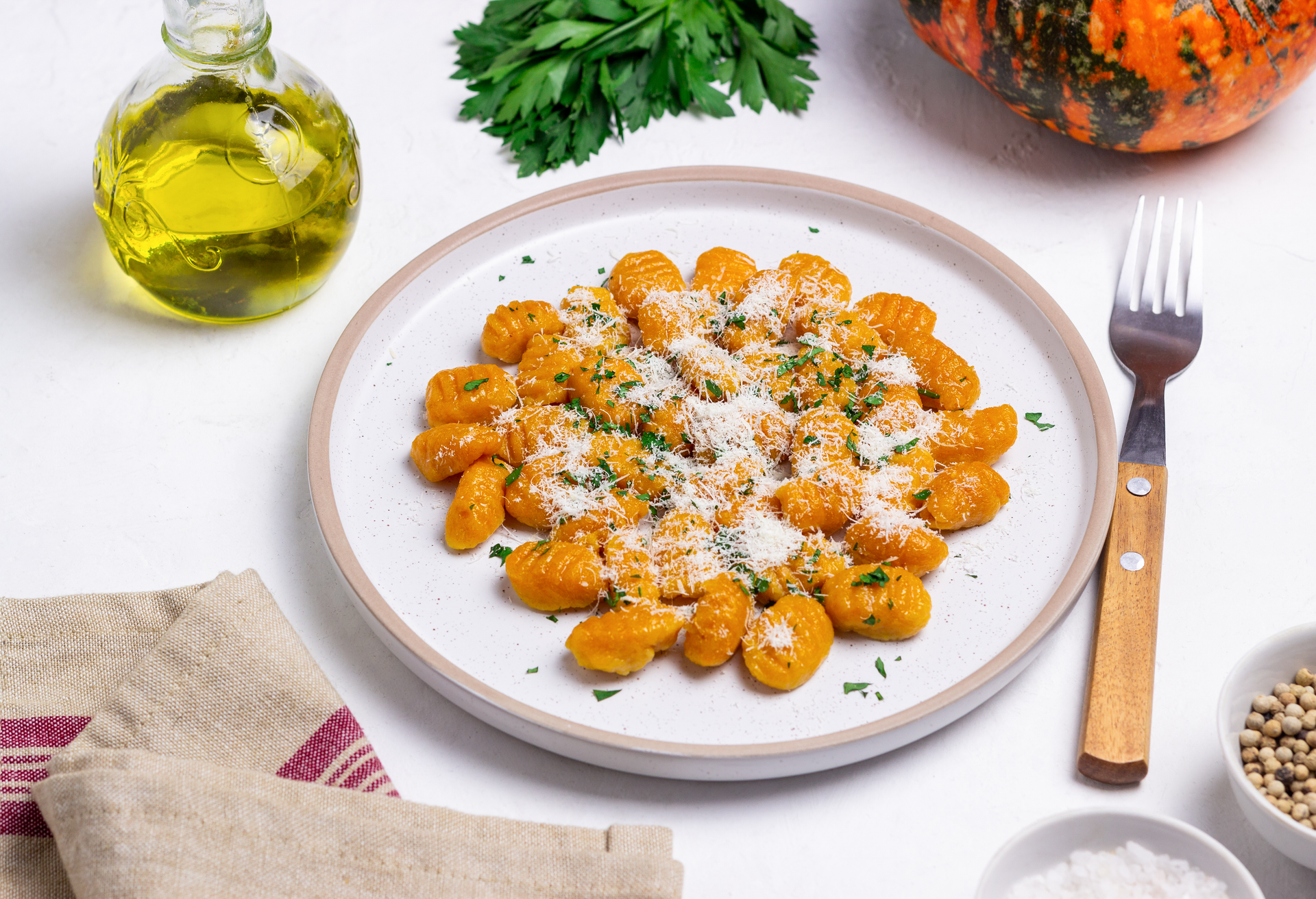 Rustic Italian Gnocchi with Butternut Squash and Sage Butter — Main Course served and photographed from above