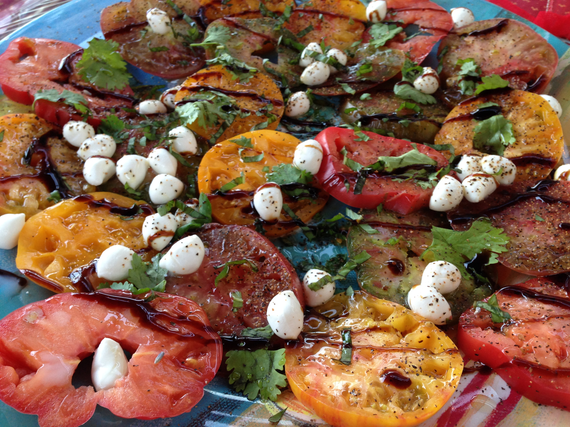 Rustic Italian Panzanella with Heirloom Tomatoes and Basil — Salad served and photographed from above