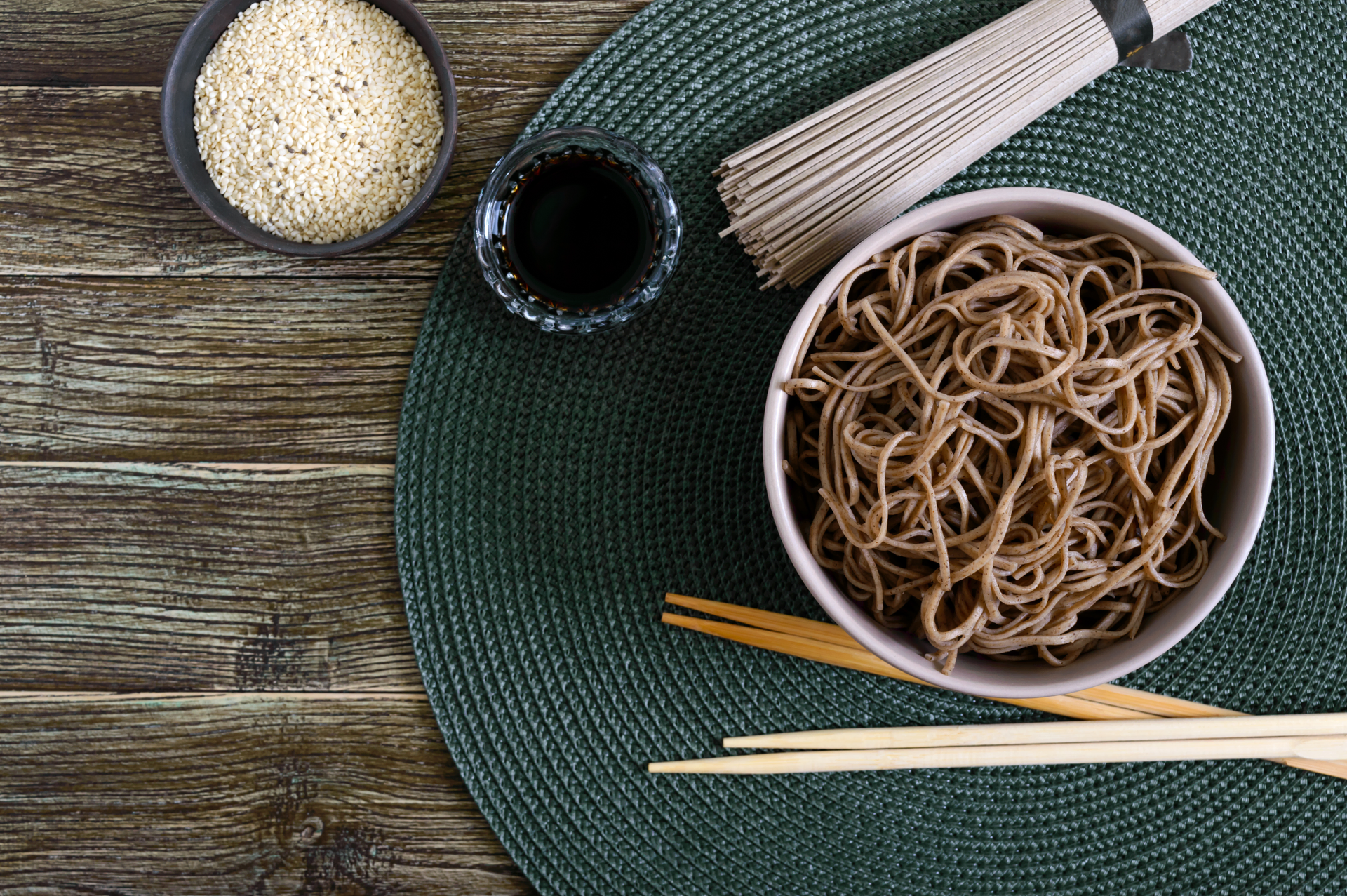 Rustic Japanese Soba Noodles with Vegetables and Sesame — Main Course served and photographed from above