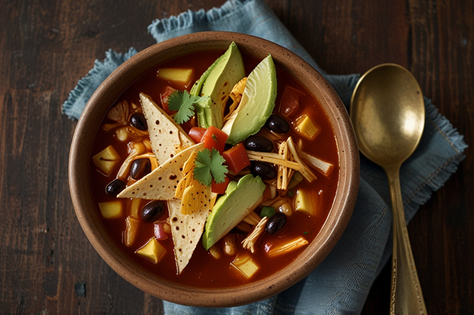 Overhead flat-lay of all ingredients for Rustic Mexican Sopa Tarasca with Avocado and Fried Tortilla Strips laid out on a kitchen surface.