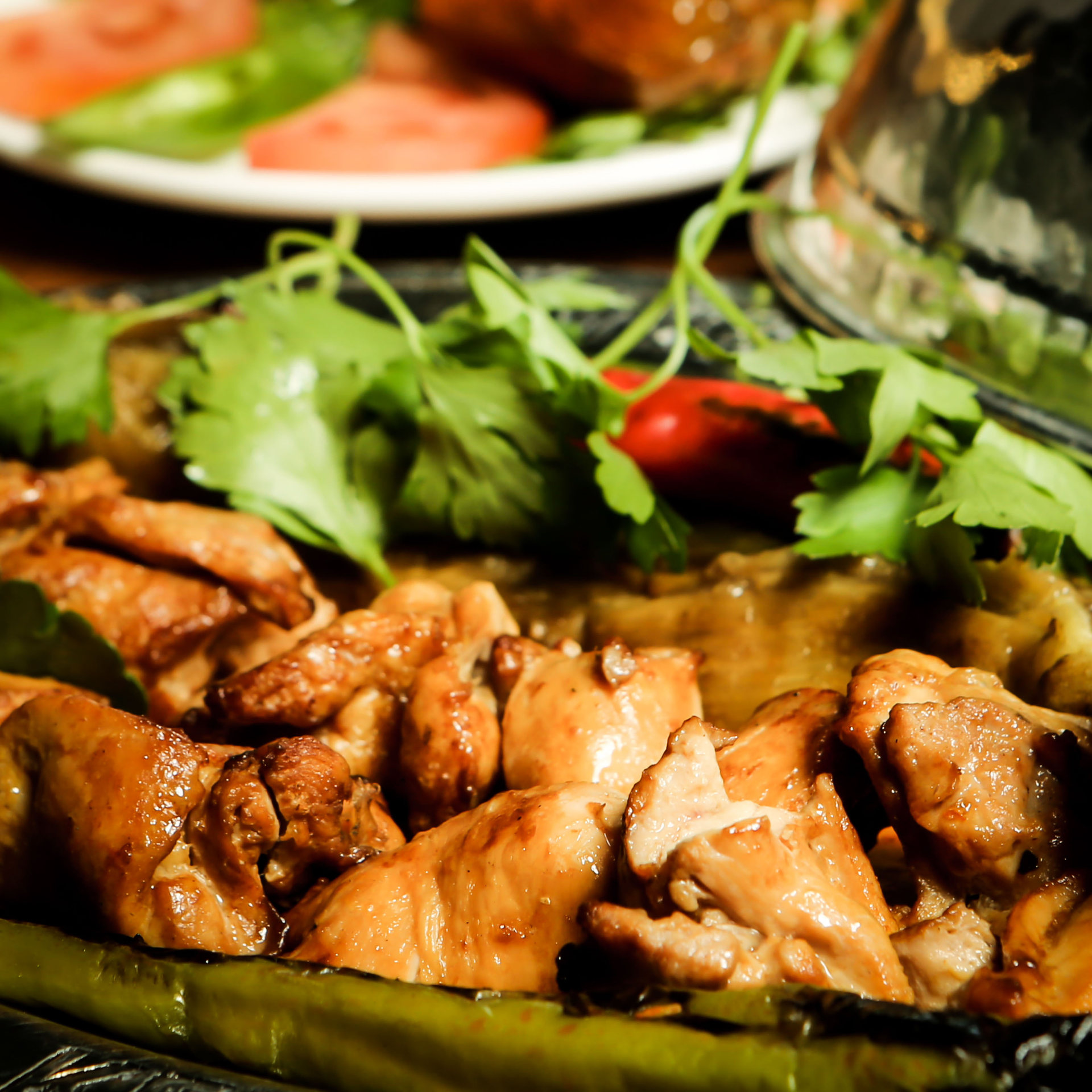 Overhead flat-lay of all ingredients for Rustic Peruvian Chicken Chaufa with Scallion and Soy Adobo laid out on a kitchen surface.