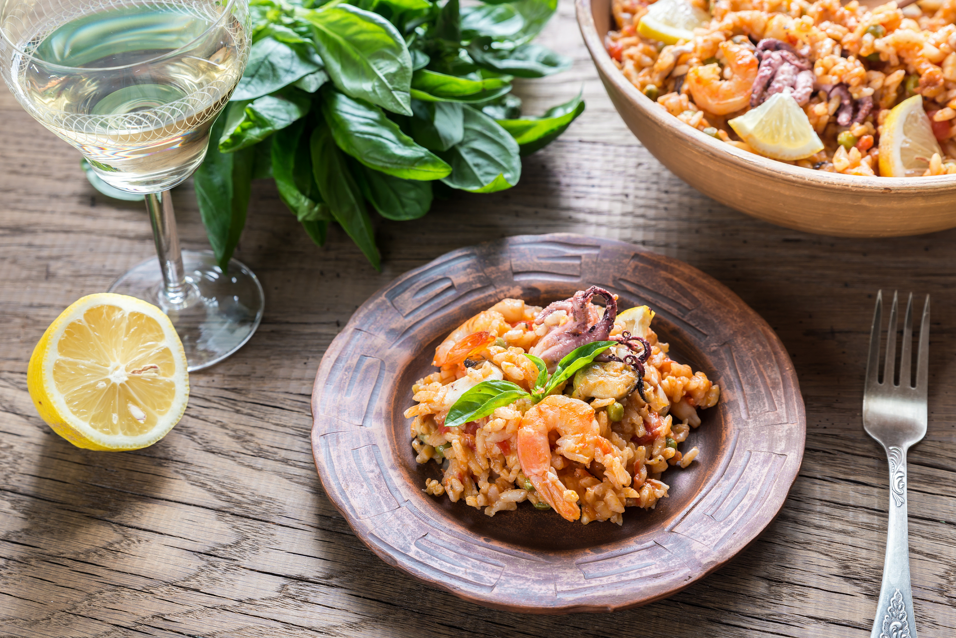 Rustic Portuguese Arroz de Marisco with Garlic and Herbs — Main Course served and photographed from above
