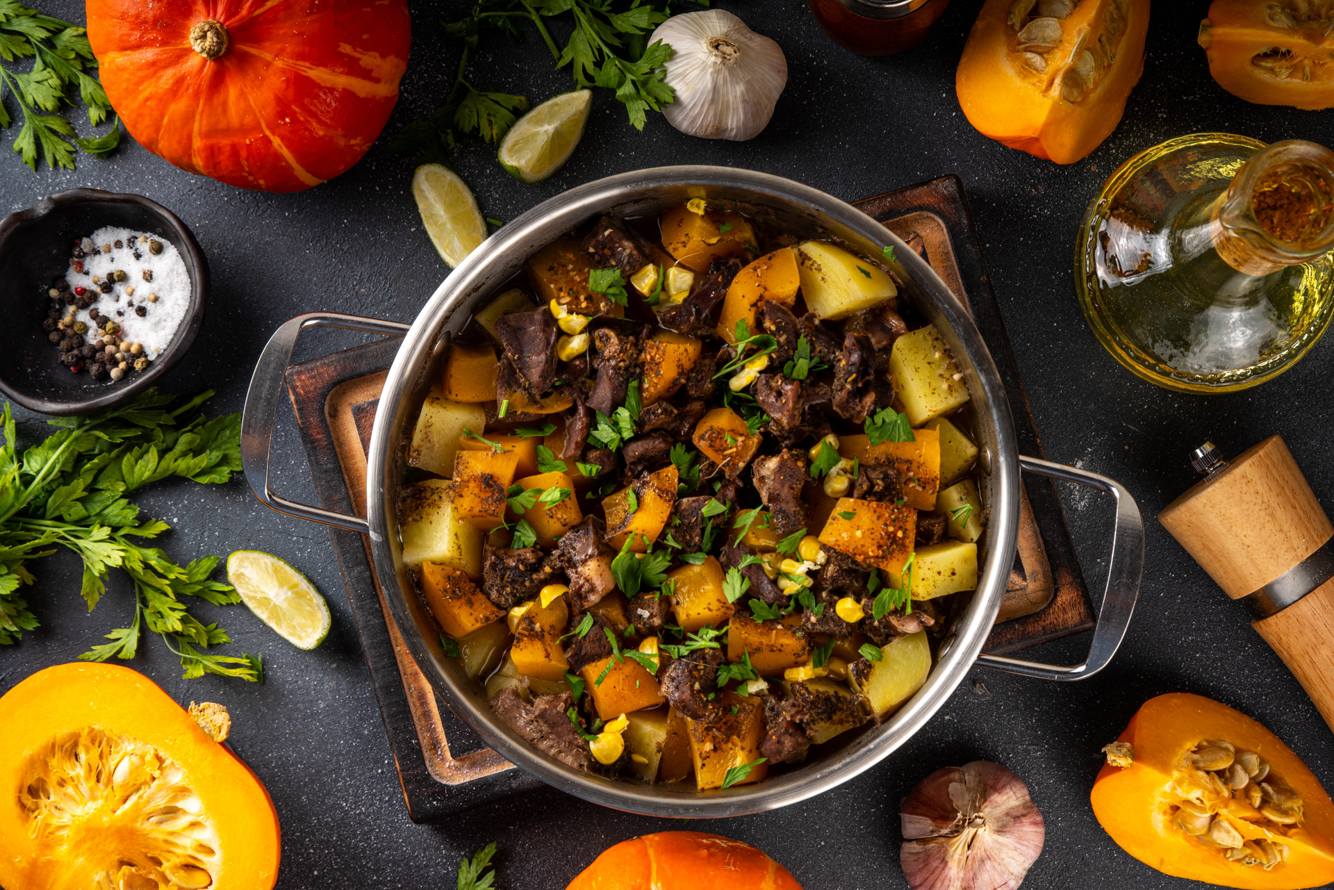 Savory Argentine Carbonada Criolla with Beef and Pumpkin — Main Course served and photographed from above