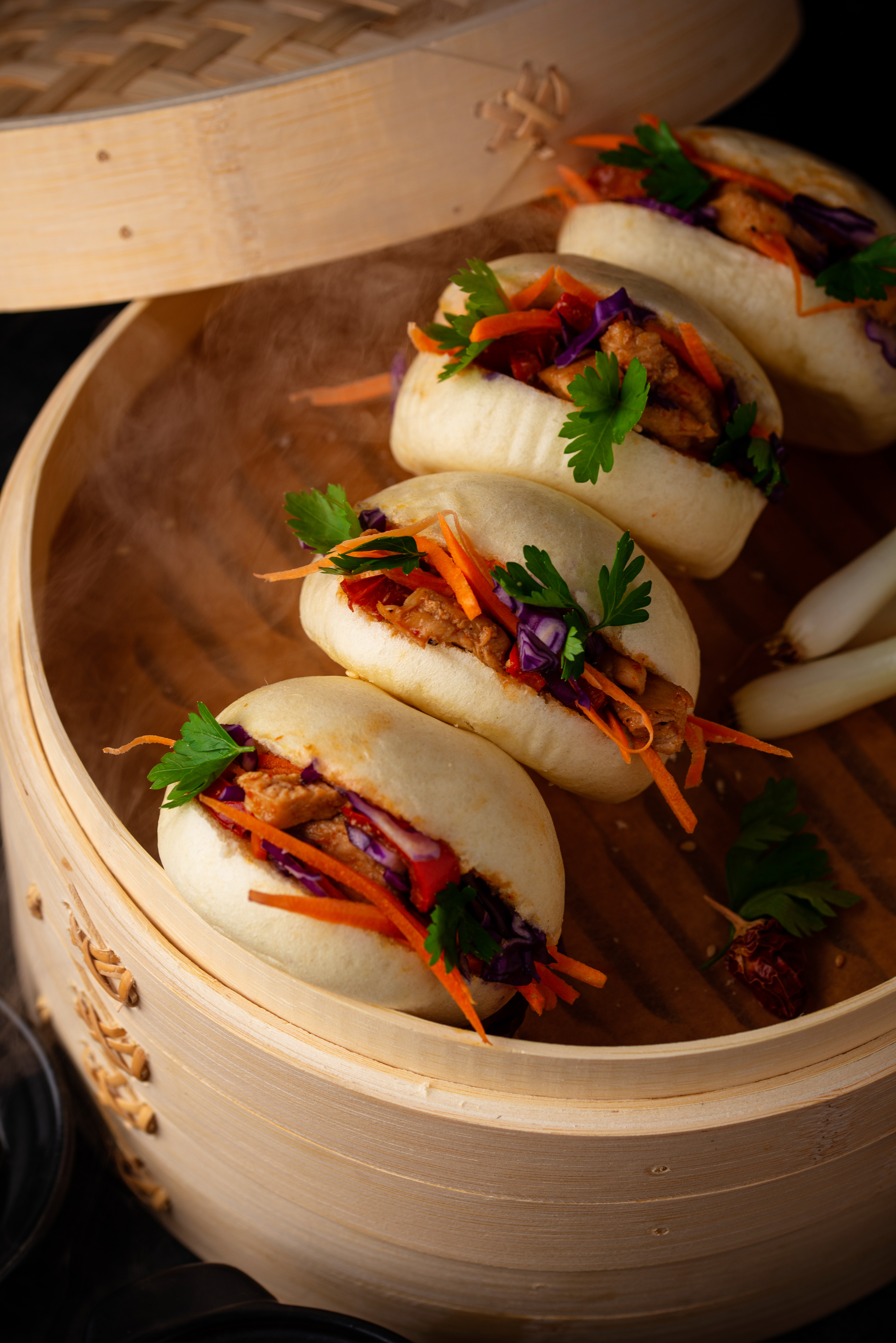 Savory Chinese Bao Buns with Braised Pork Belly — Main Course served and photographed from above