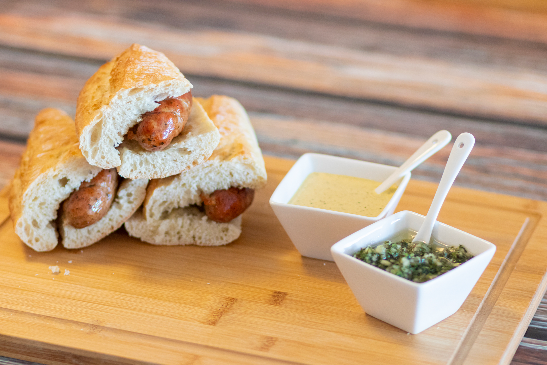 Savory Filipino Longganisa Sliders with Garlic Vinegar Dip — Appetizer served and photographed from above
