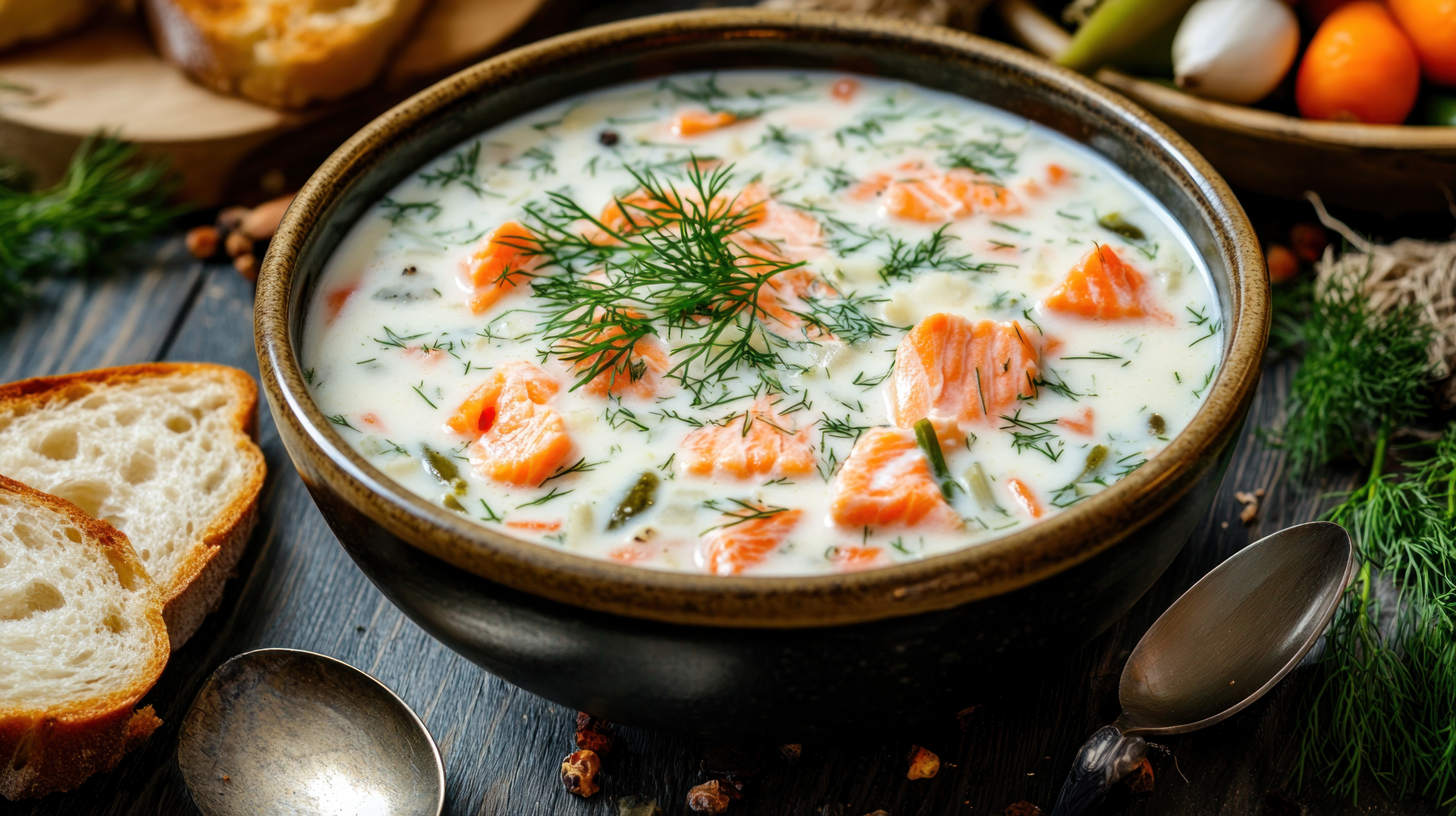 Overhead flat-lay of all ingredients for Savory Finnish Lohikeitto with Dill and Cream laid out on a kitchen surface.