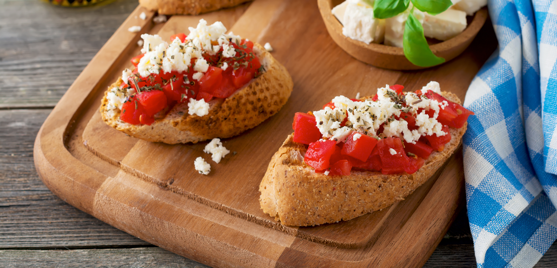 Savory Greek Dakos with Feta and Tomatoes — Appetizer served and photographed from above