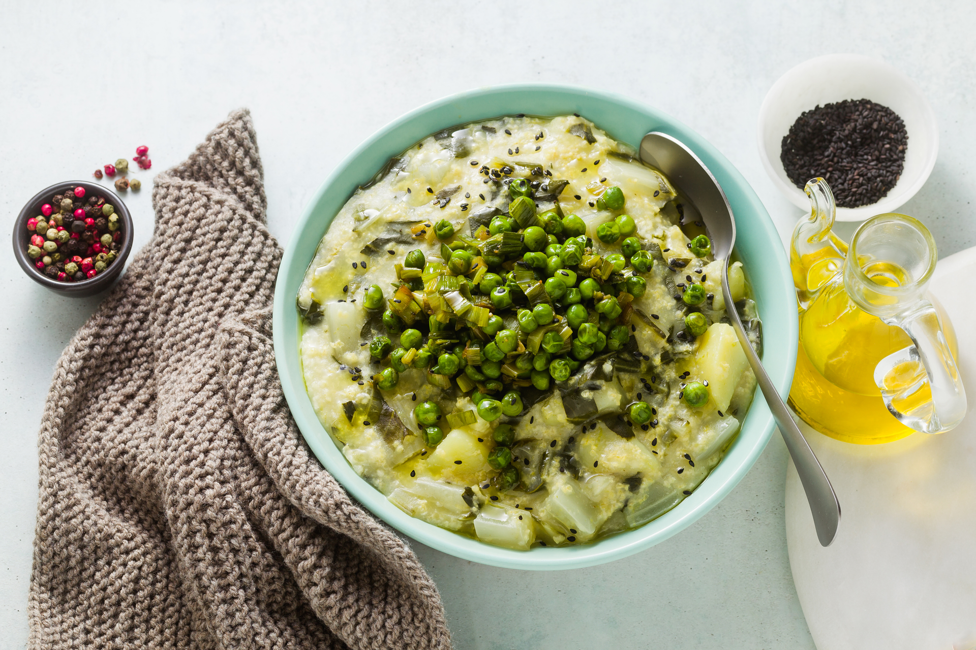Savory Icelandic Plokkari with Creamed Peas and Onions — Main Course served and photographed from above