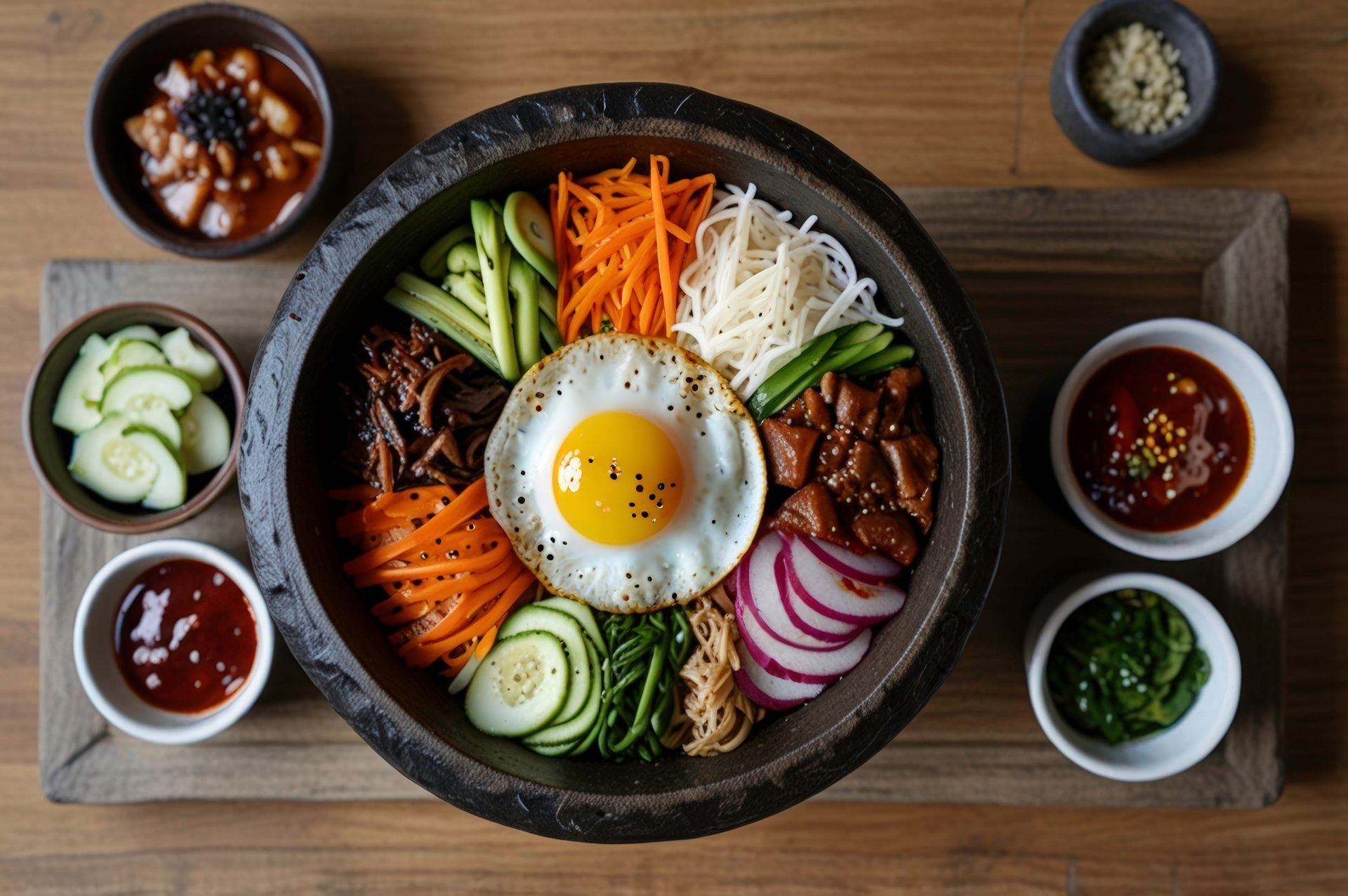 Savory Korean Bibimbap Sampler with Quail Eggs and Chili Threads — Main Course served and photographed from above