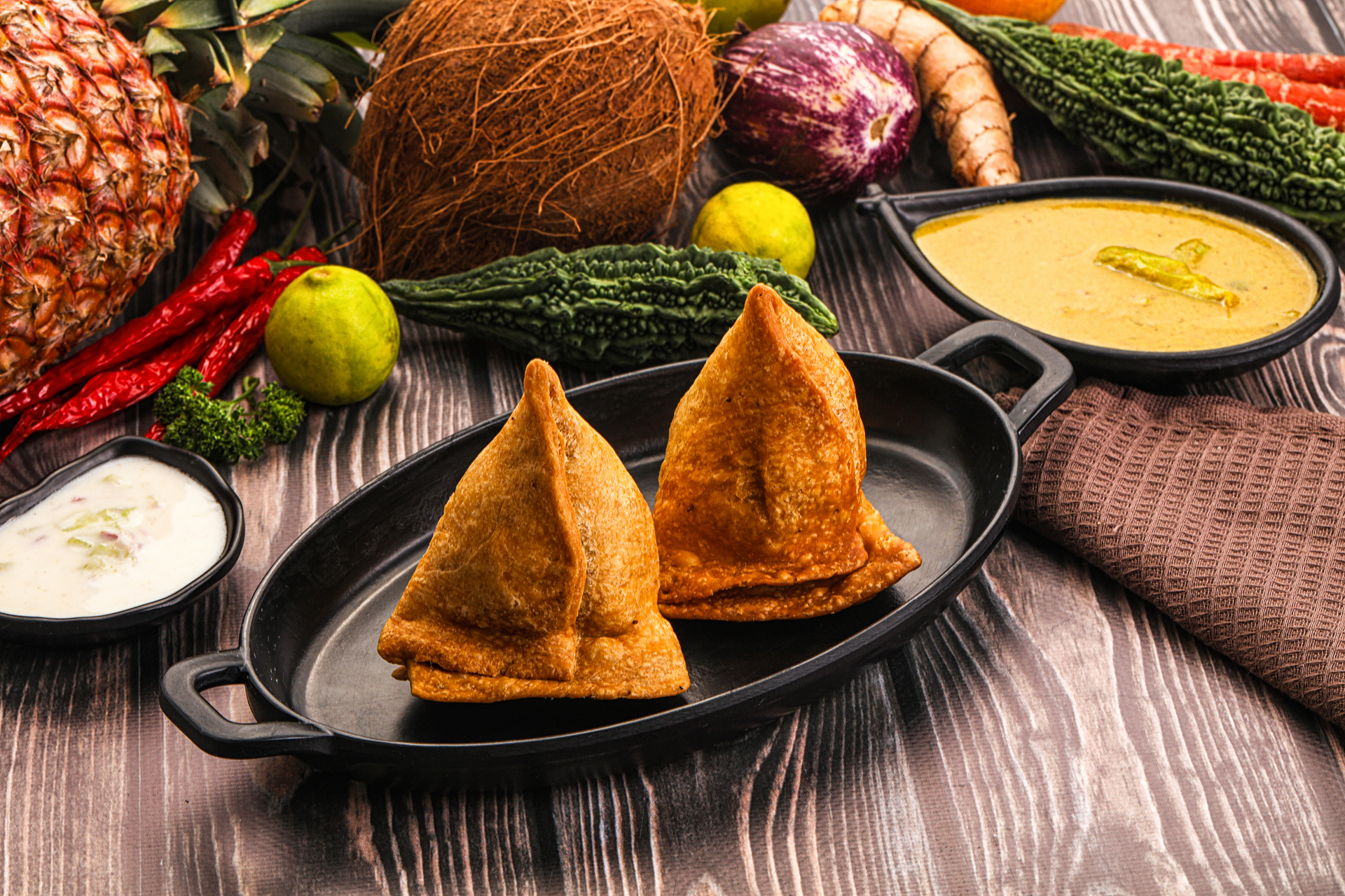 Overhead flat-lay of all ingredients for Savory Pakistani Samosa Chaat with Tamarind-Date Chutney laid out on a kitchen surface.