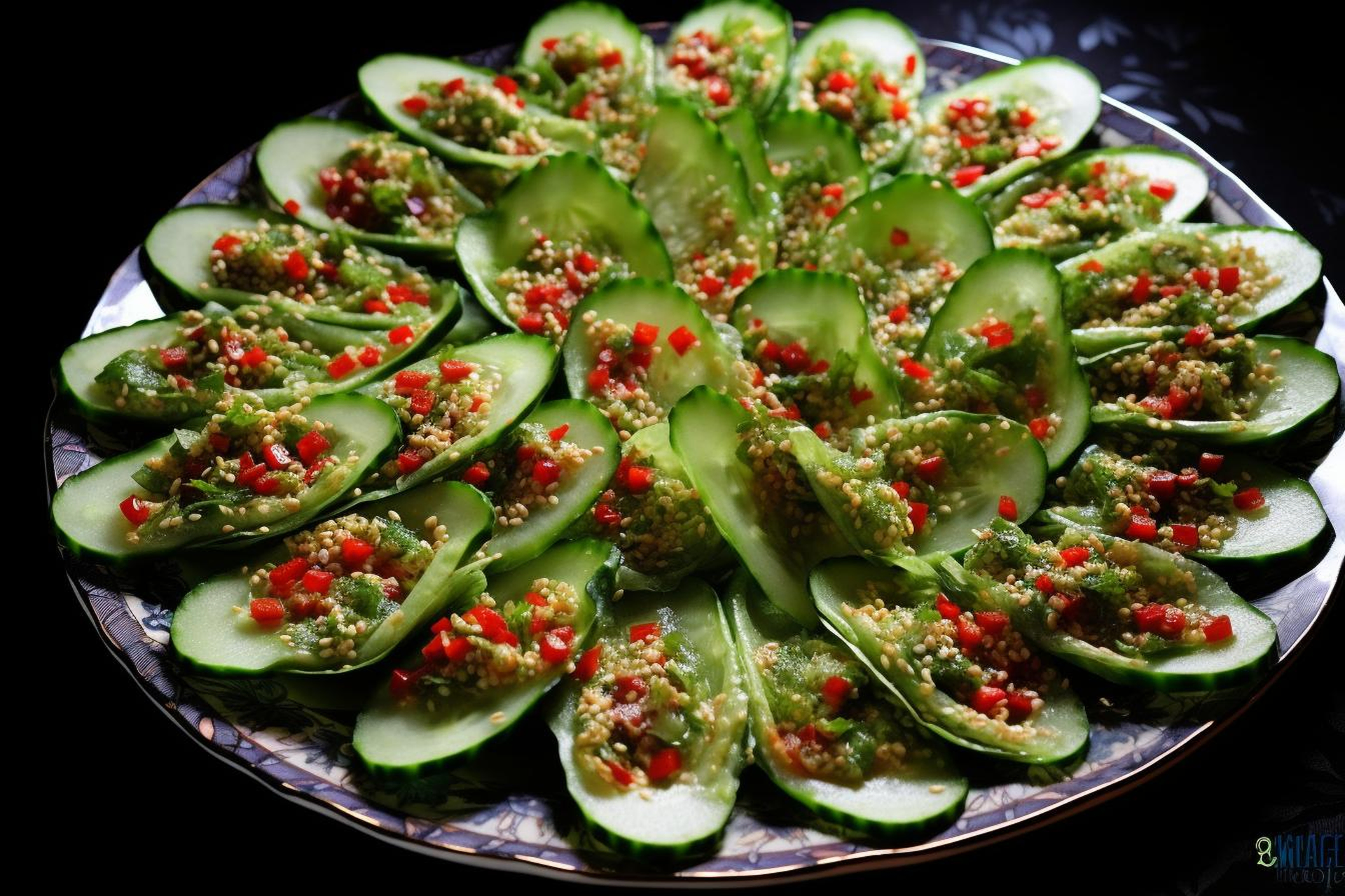 Overhead flat-lay of all ingredients for Savory Sichuan Cucumber Salad with Chili Oil Drizzle laid out on a kitchen surface.