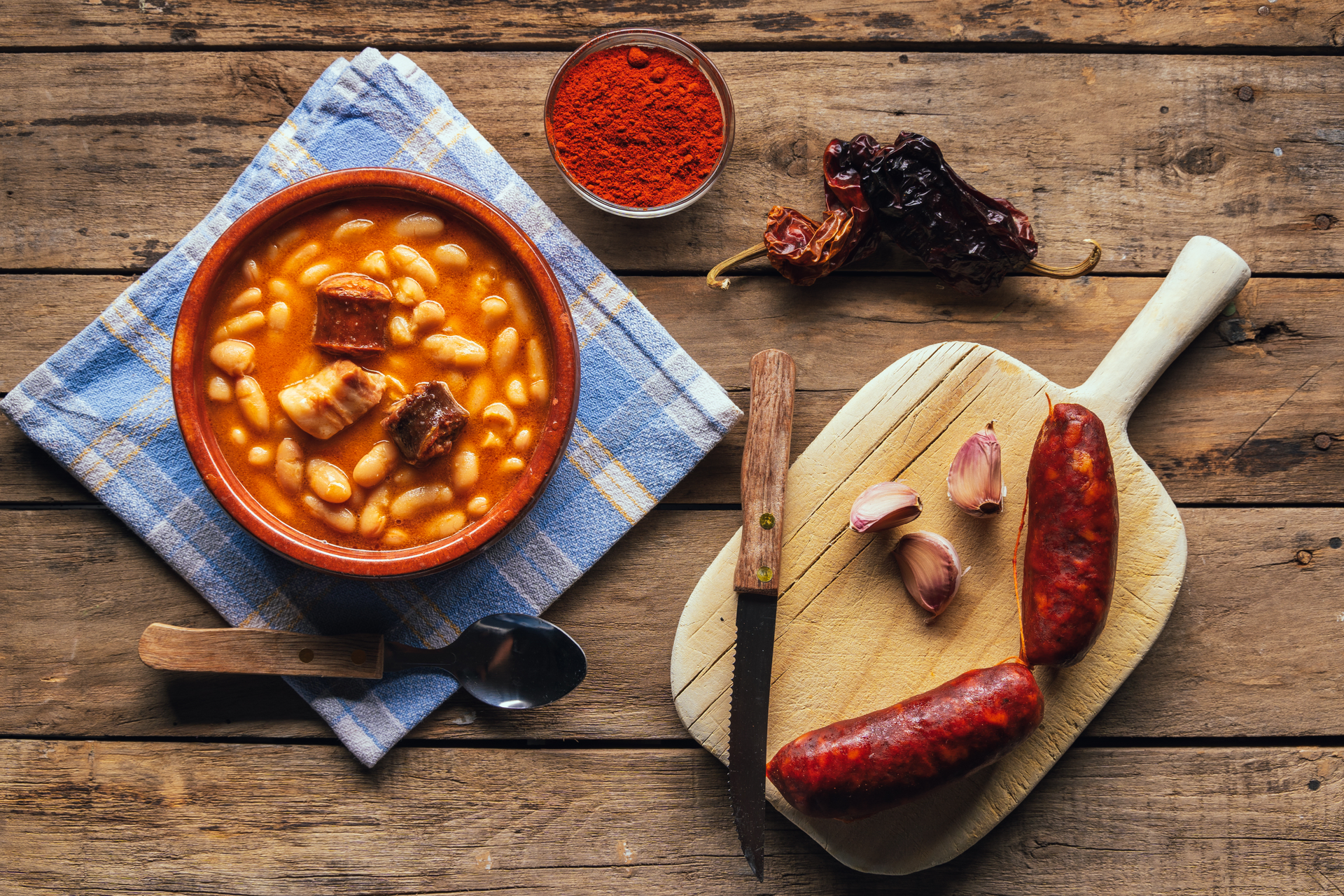 Savory Spanish Fabada Asturiana with Morcilla and Chorizo — Main Course served and photographed from above