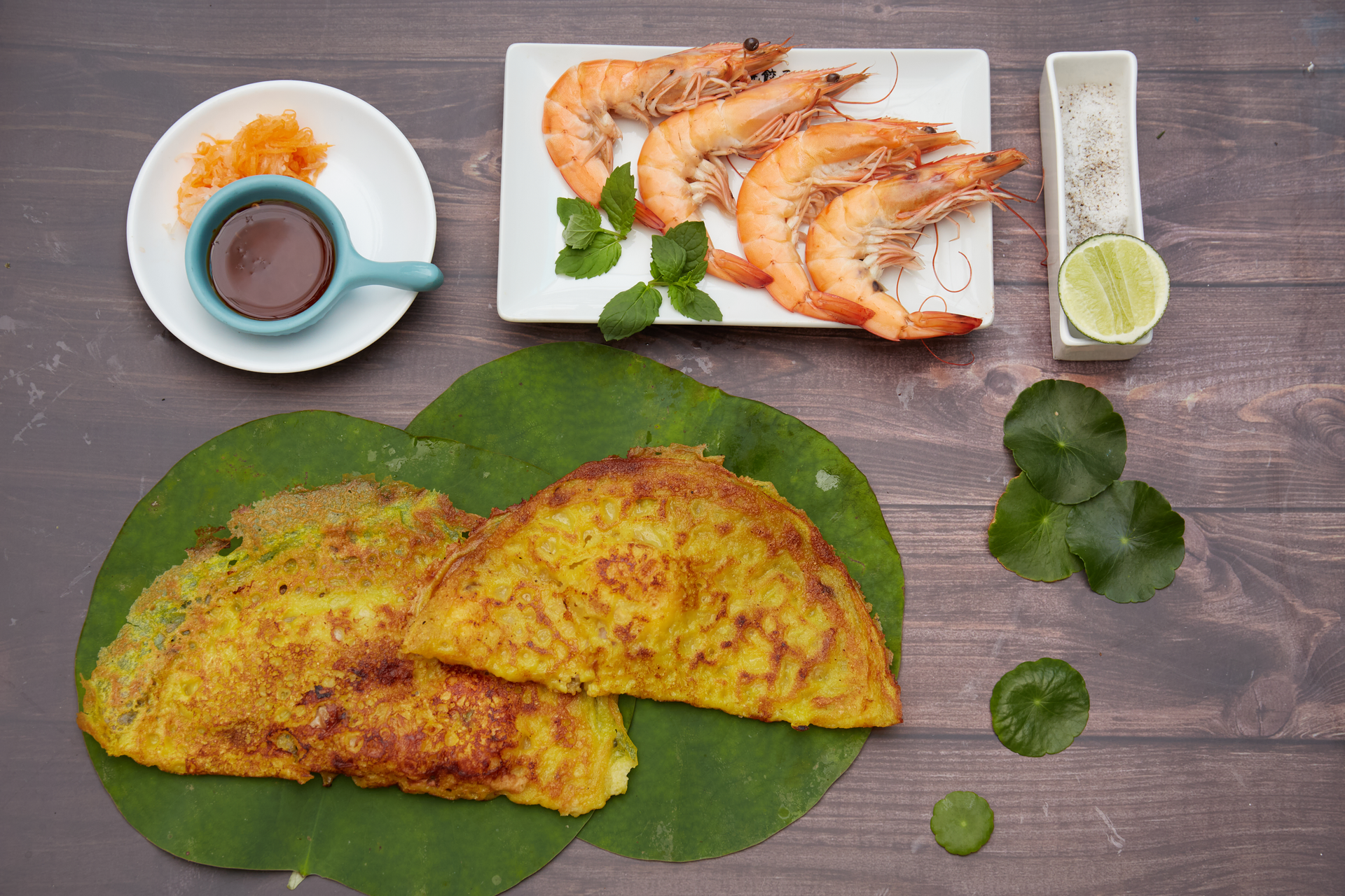 Savory Vietnamese Banh Xeo with Shrimp and Bean Sprouts — Appetizer served and photographed from above