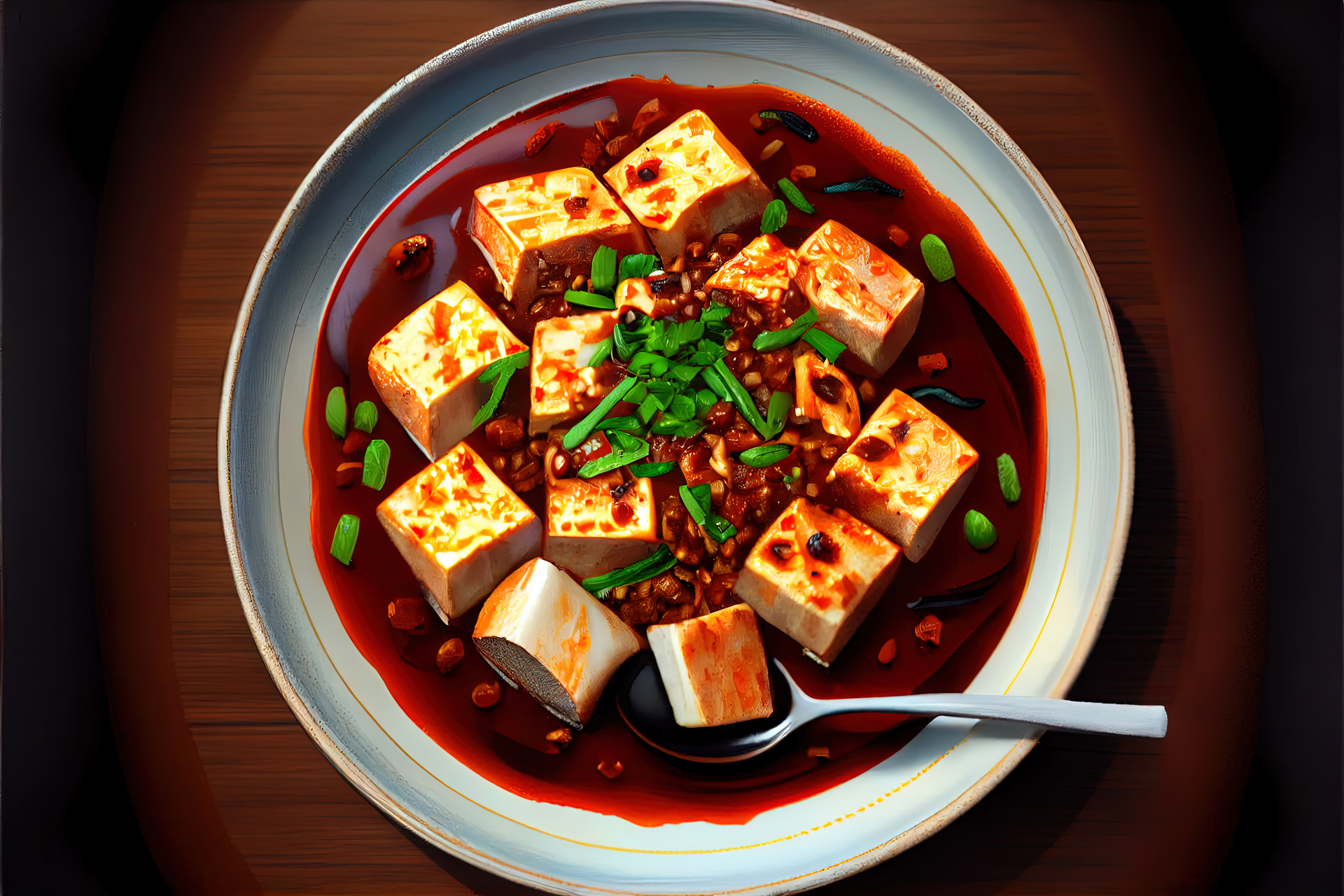 Overhead flat-lay of all ingredients for Sichuan Mapo Tofu with Fermented Black Beans laid out on a kitchen surface.