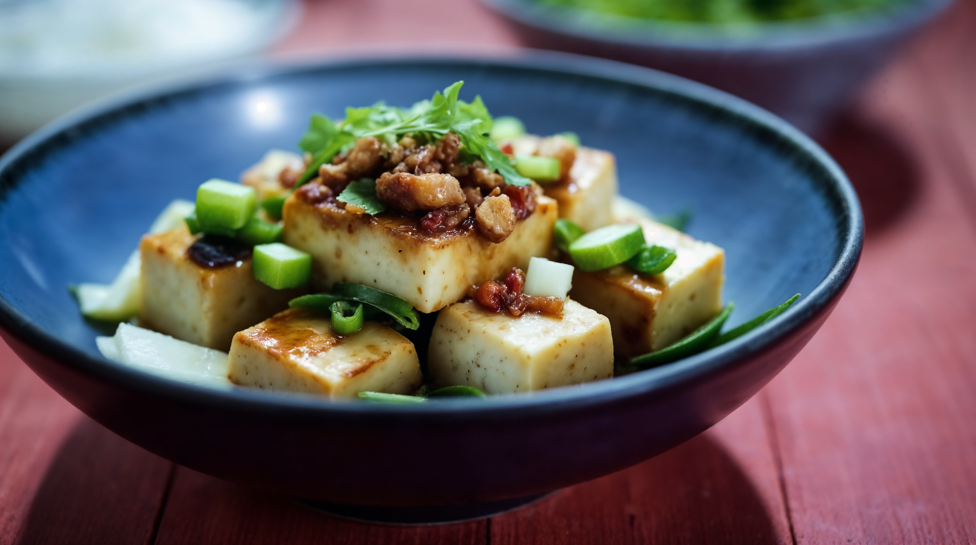 Sichuan Mapo Tofu with Fermented Black Beans — Main Course served and photographed from above