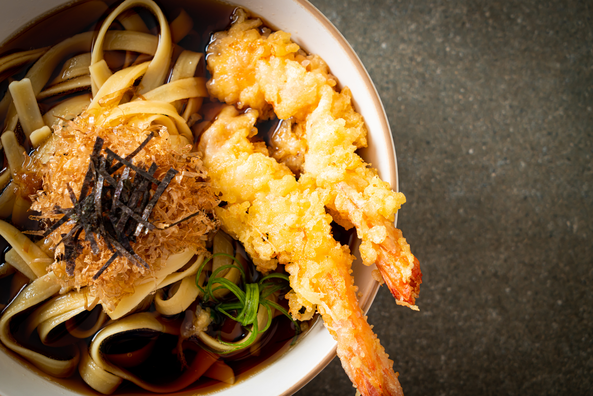 Silken Japanese Curry Udon with Tempura Shrimp — Main Course served and photographed from above