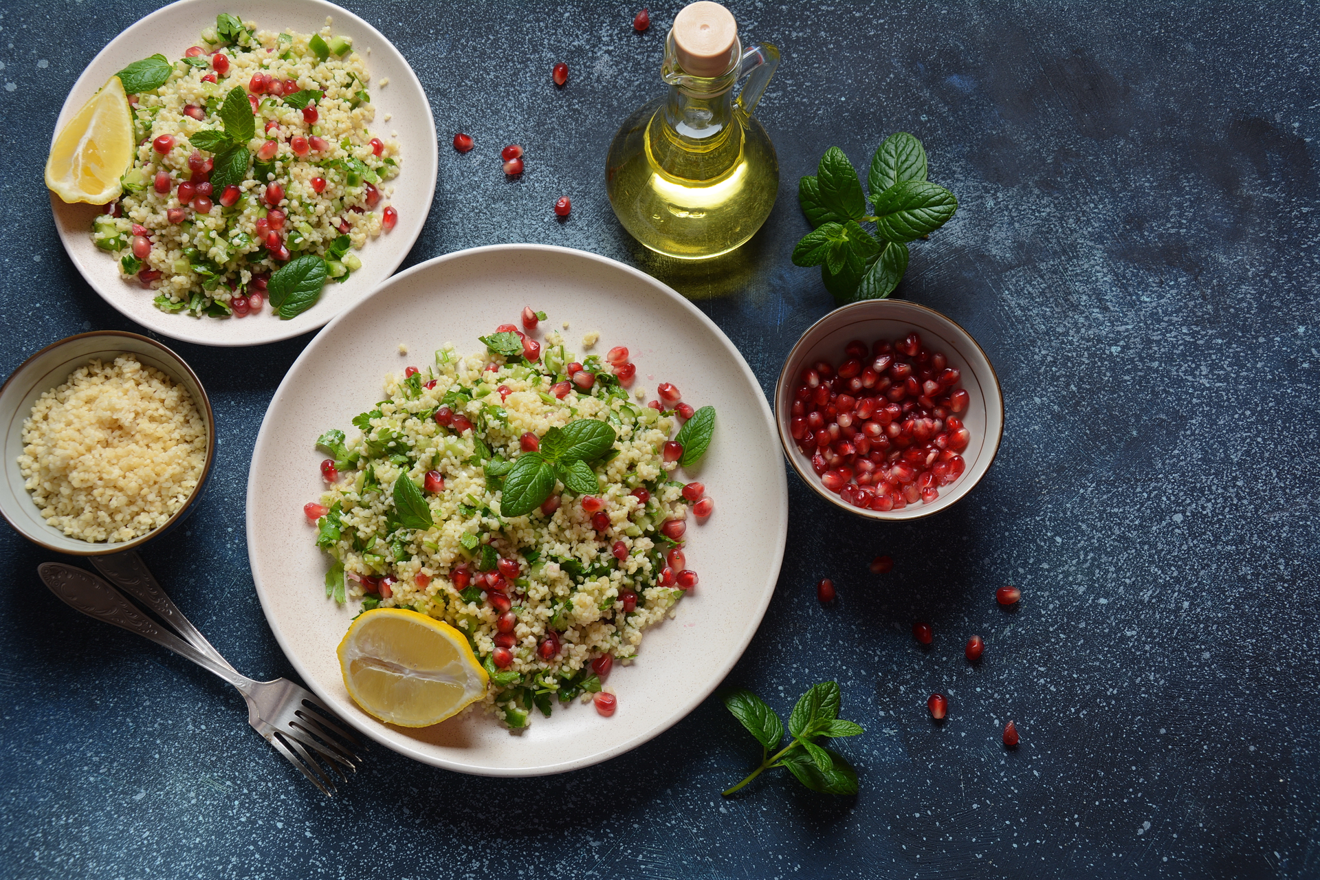 Silken Lebanese Rice Tabbouleh with Sumac Dressing — Salad served and photographed from above