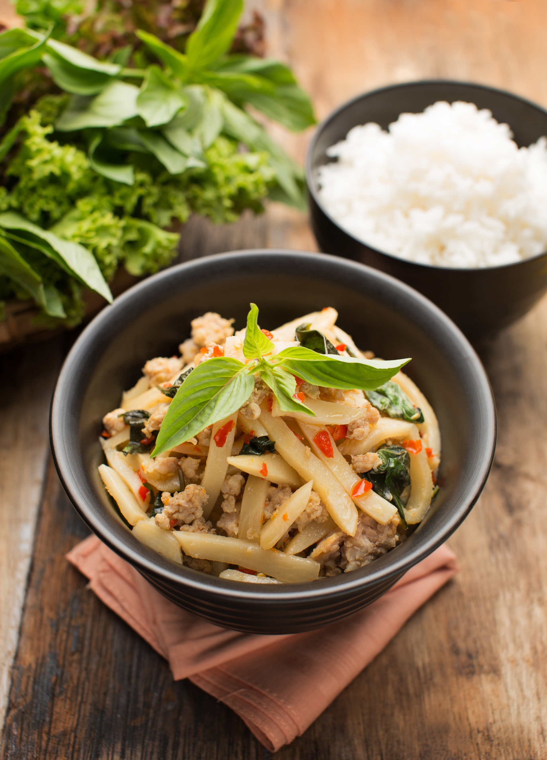 Silken Taiwanese Three Cup Chicken with Thai Basil — Main Course served and photographed from above