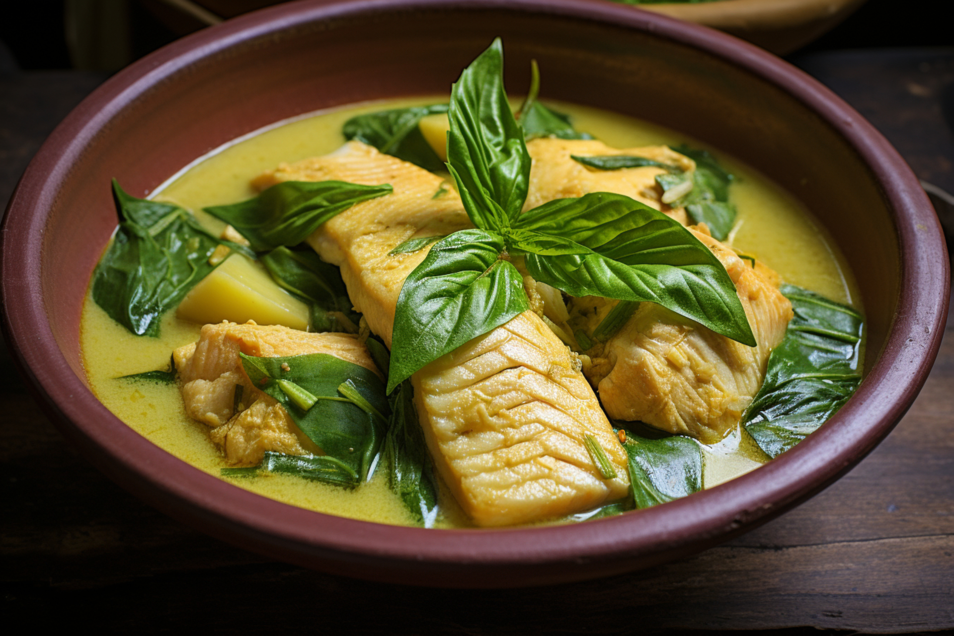 Overhead flat-lay of all ingredients for Silken Thai Lemongrass Fish Curry with Pineapple laid out on a kitchen surface.