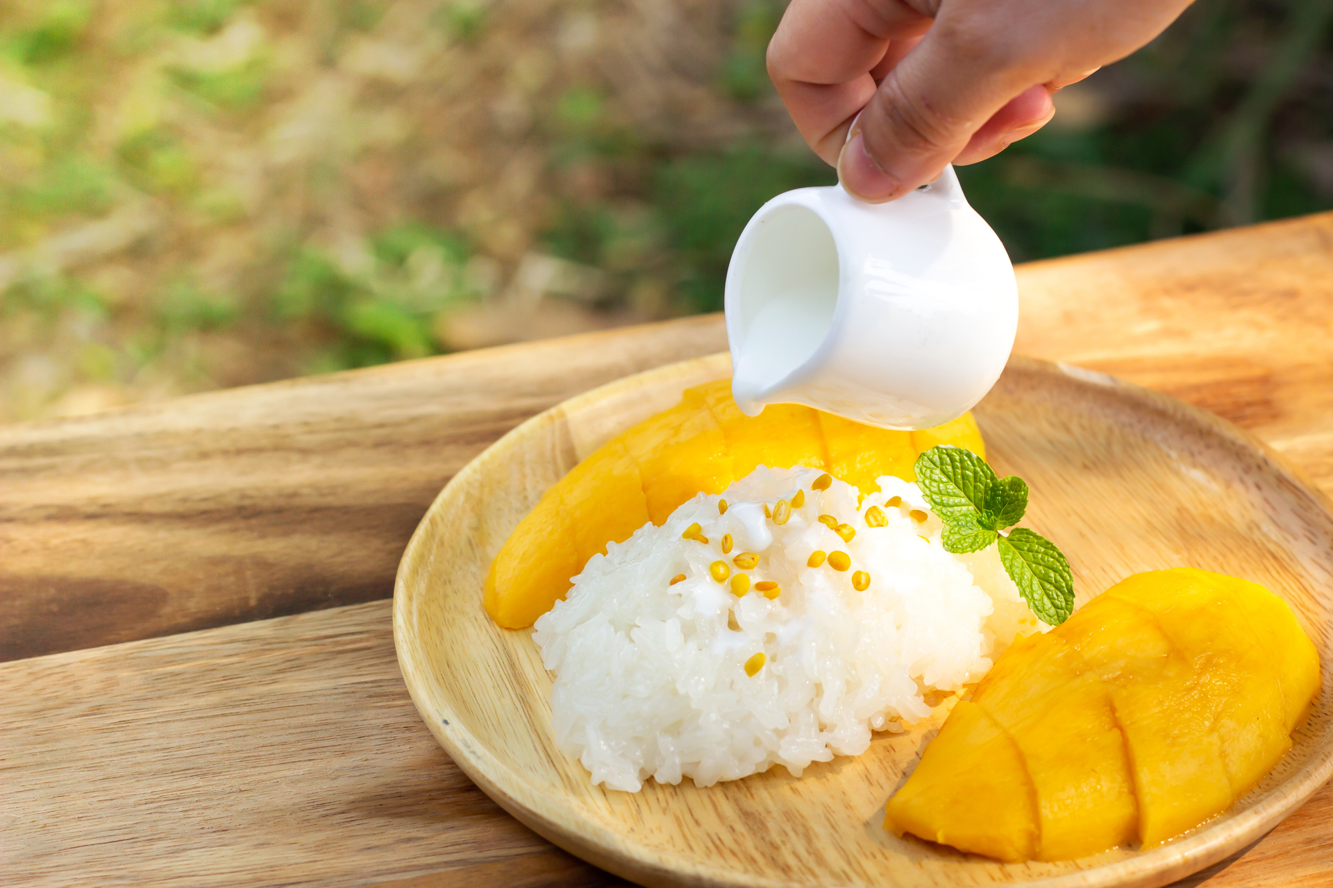 Overhead flat-lay of all ingredients for Silken Thai Mango Sticky Rice with Coconut Cream laid out on a kitchen surface.
