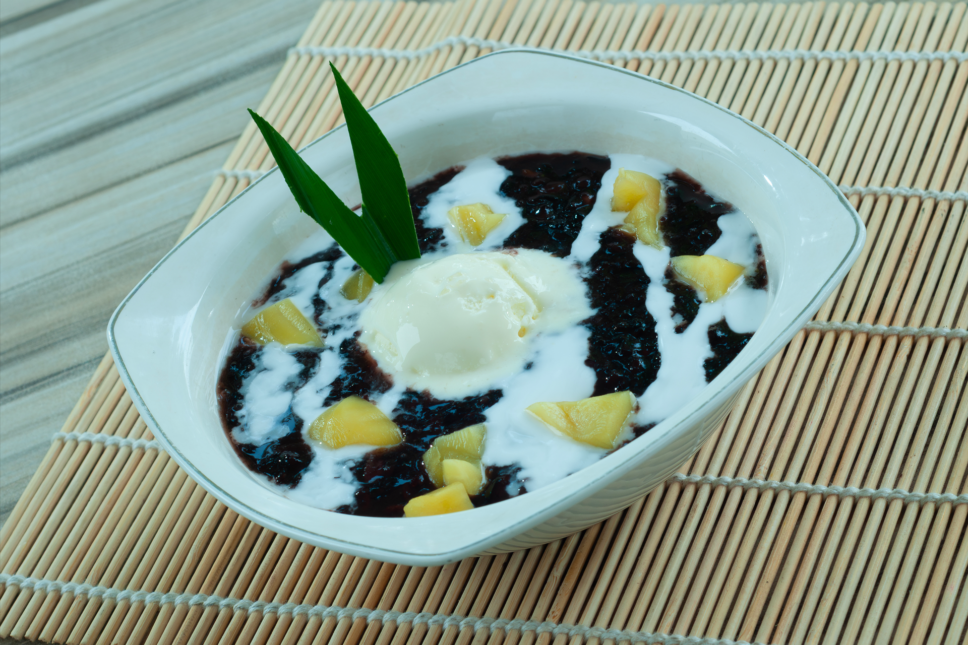 Silky Indonesian Bubur Ketan Hitam with Coconut Milk — Dessert served and photographed from above