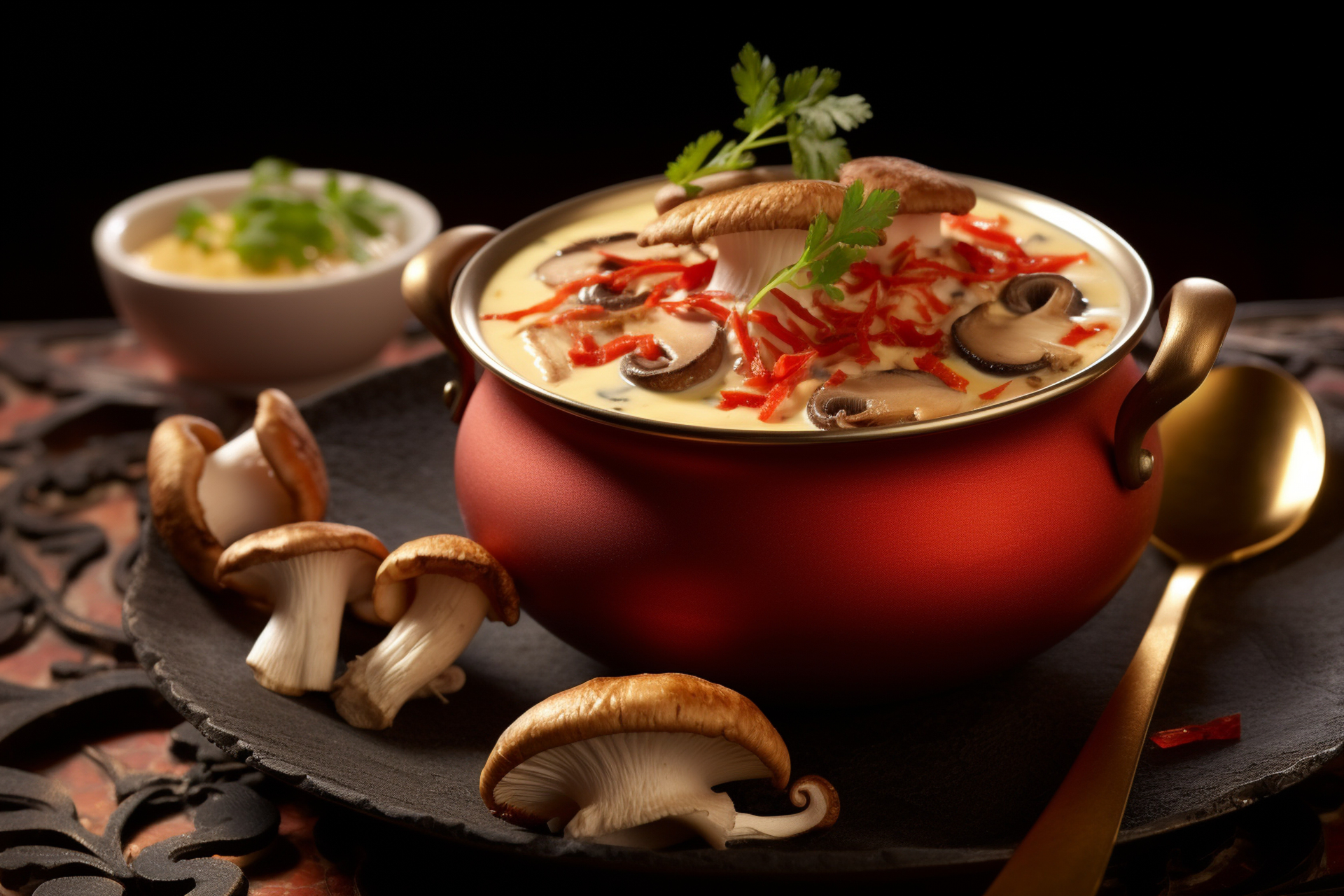 Overhead flat-lay of all ingredients for Silky Manchu Sweet and Sour Mushroom Soup laid out on a kitchen surface.
