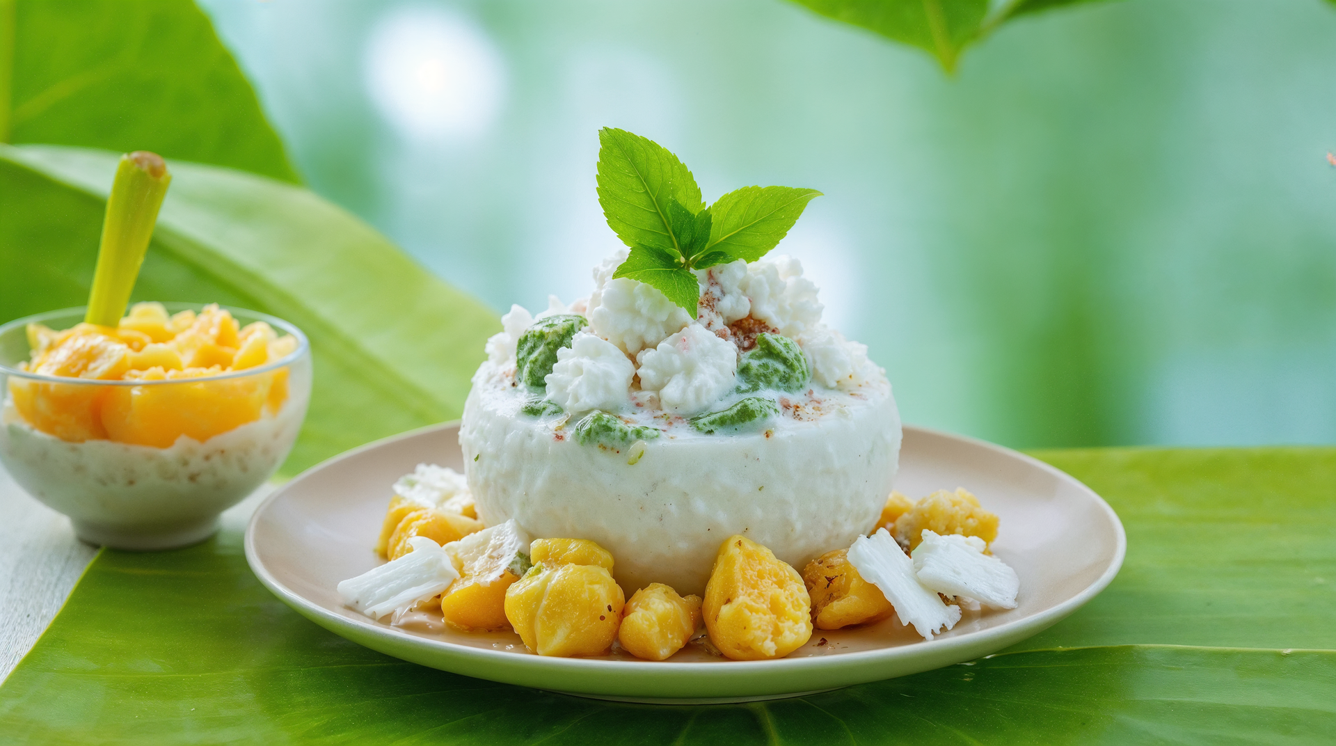 Overhead flat-lay of all ingredients for Silky Thai Coconut Mango Tapioca Pudding with Toasted Coconut laid out on a kitchen surface.