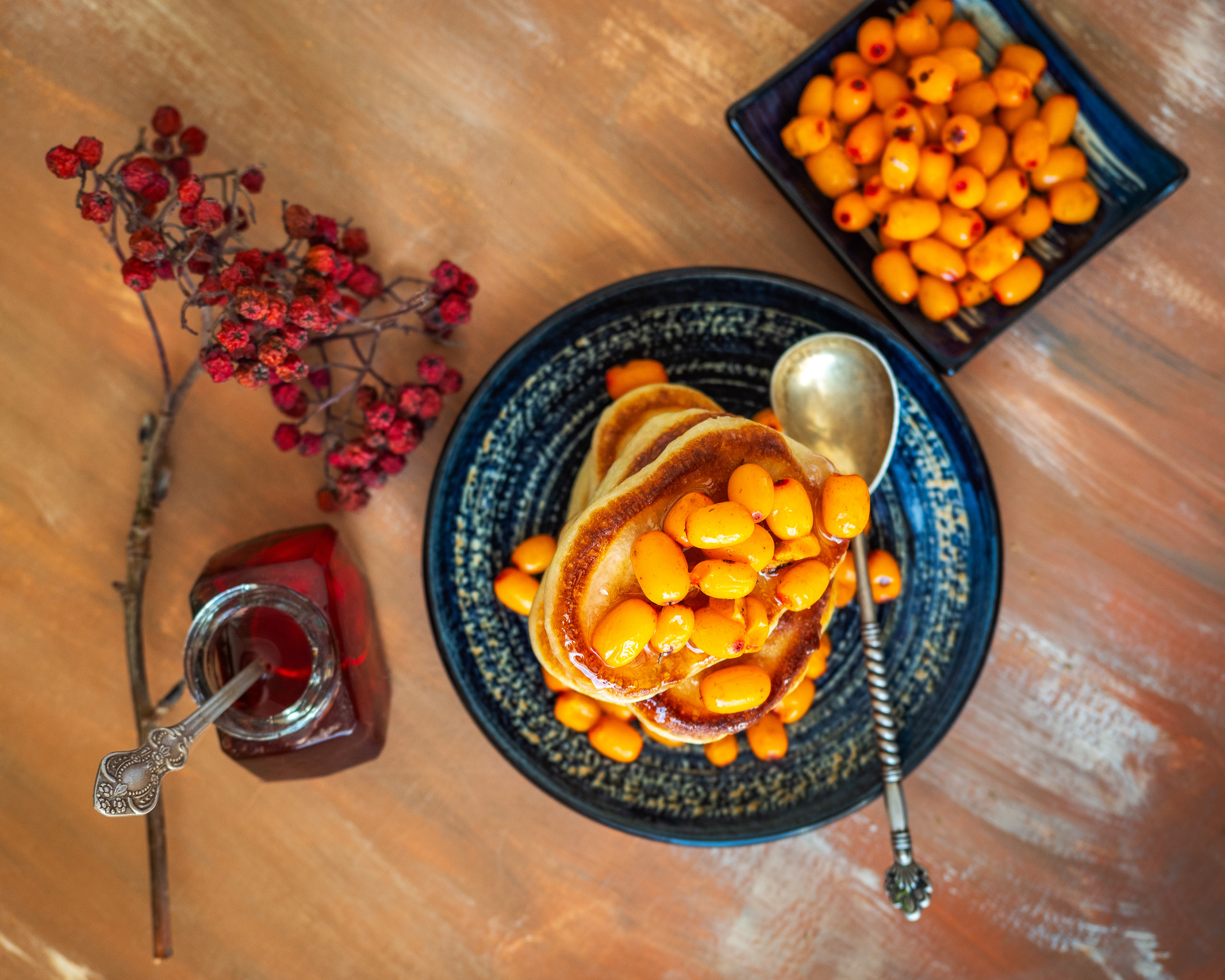Overhead flat-lay of all ingredients for Silky Turkish Kaymak with Honeyed Apricots laid out on a kitchen surface.