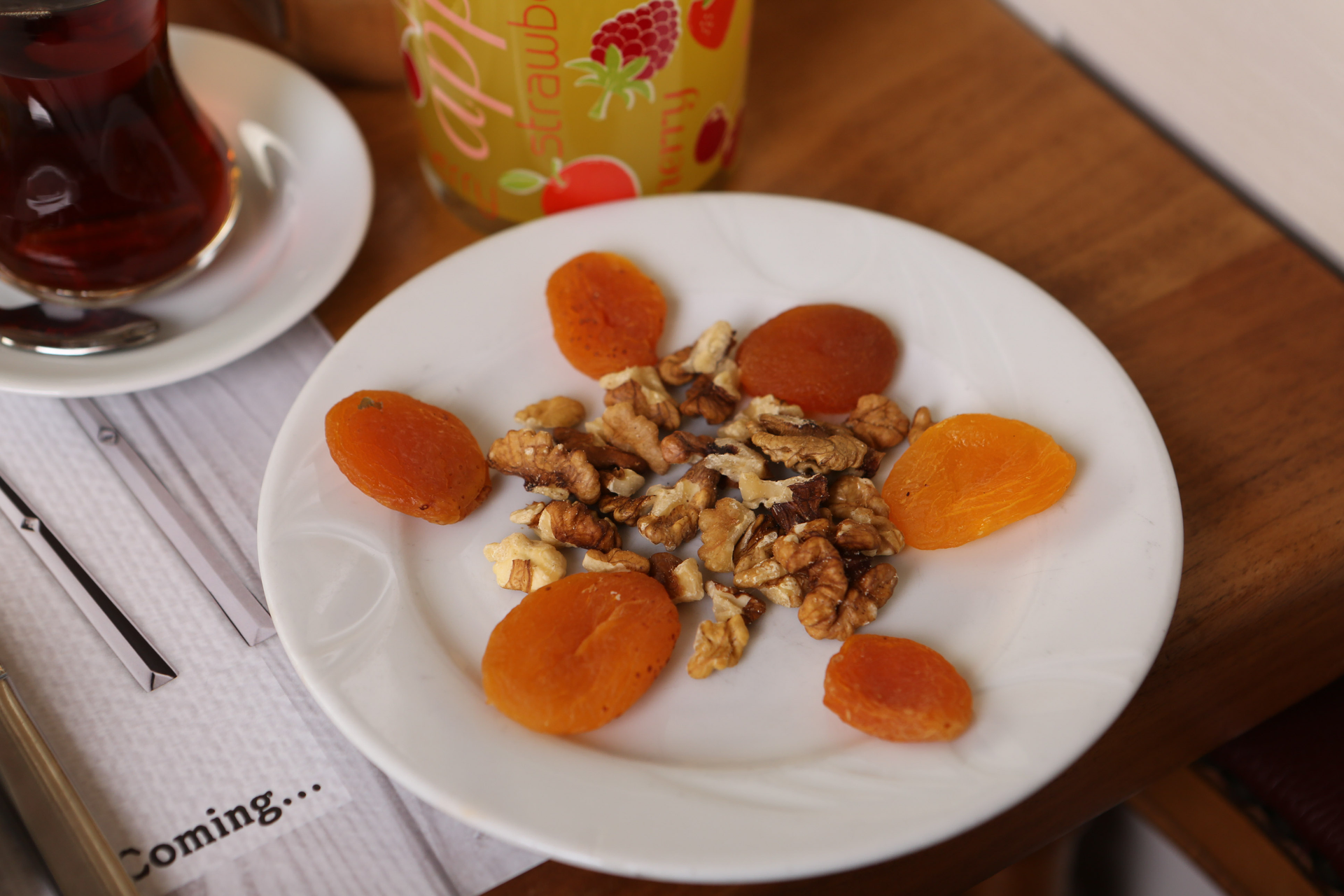 Silky Turkish Kaymak with Honeyed Apricots — Dessert served and photographed from above
