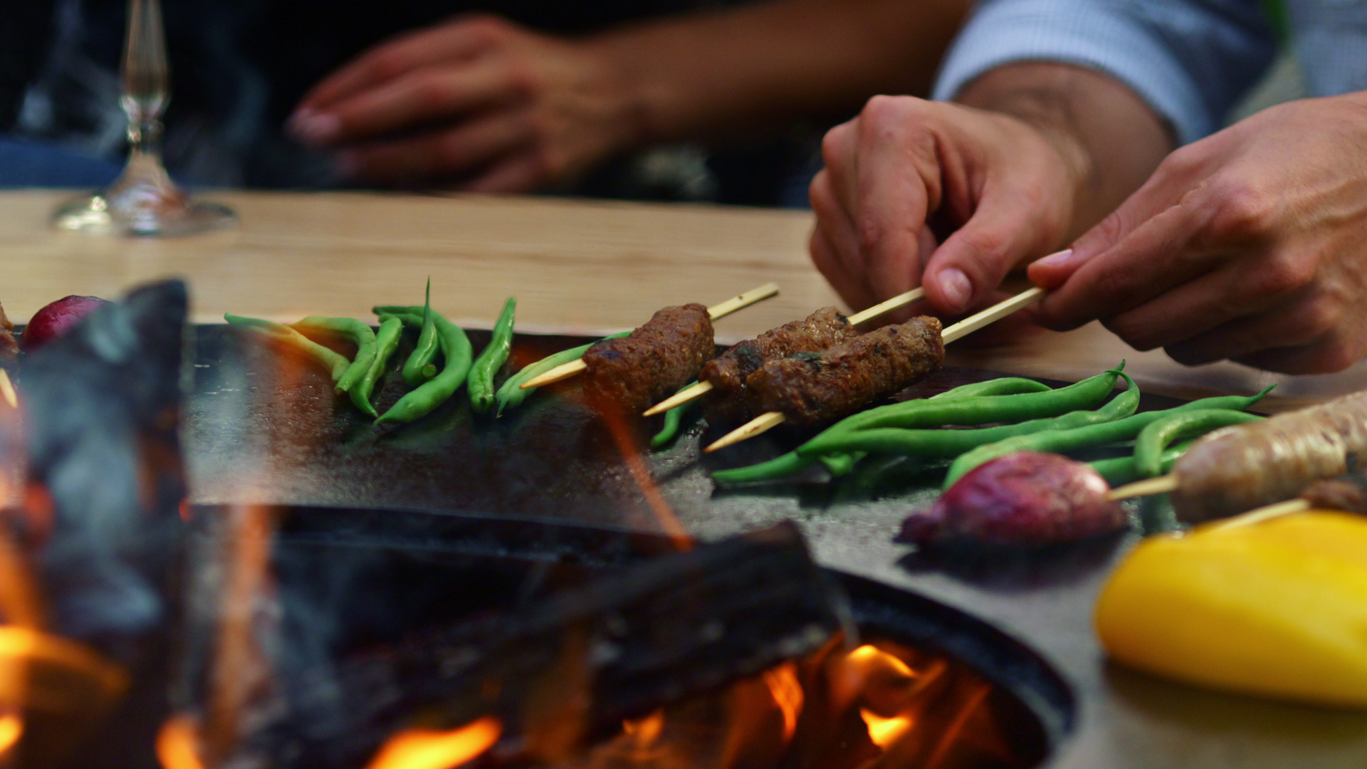 Sizzling Peruvian Anticucho Skewers with Chimichurri — Main Course served and photographed from above