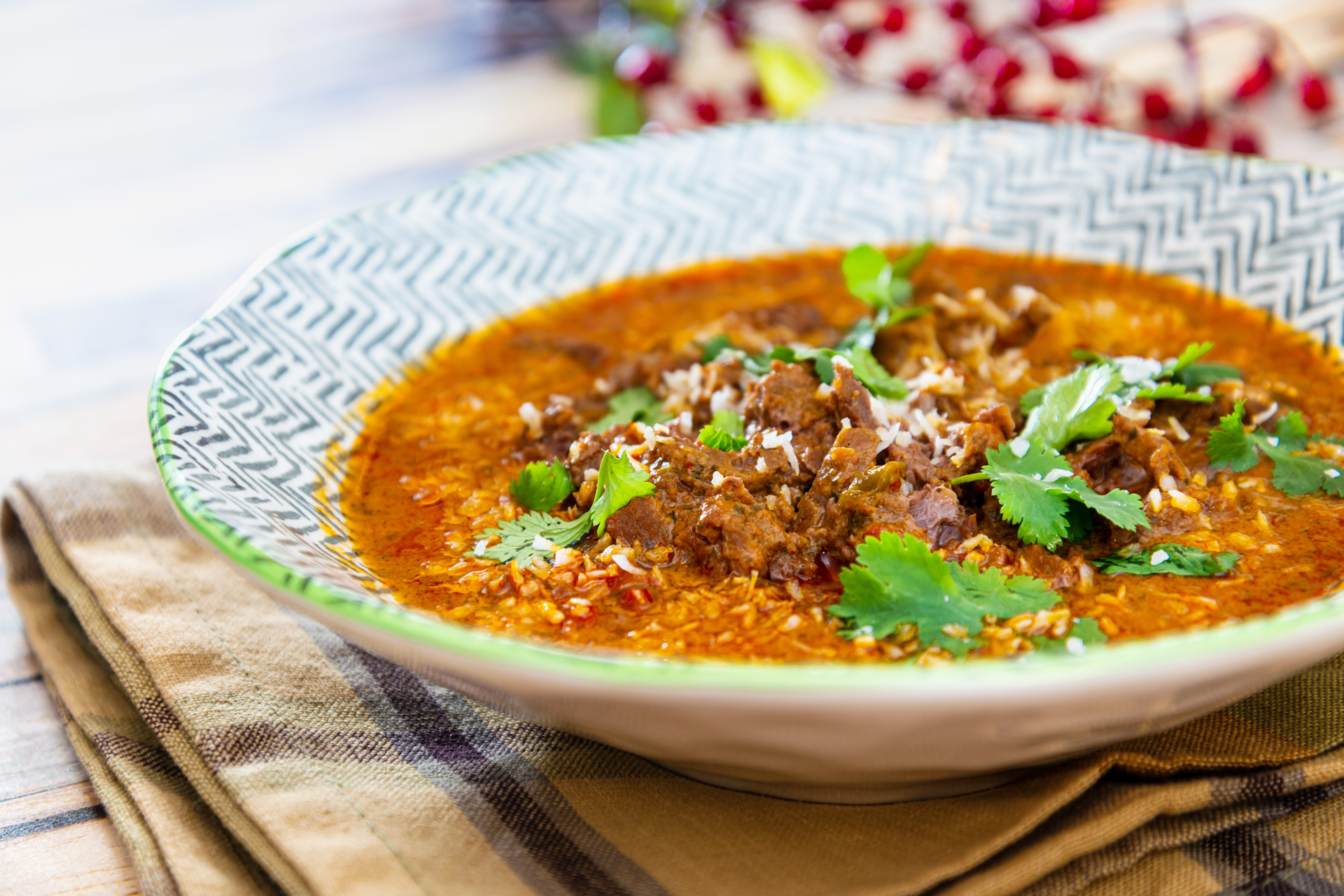Smoked Indian Lentil and Amaranth Soup with Toasted Spices — Soup served and photographed from above