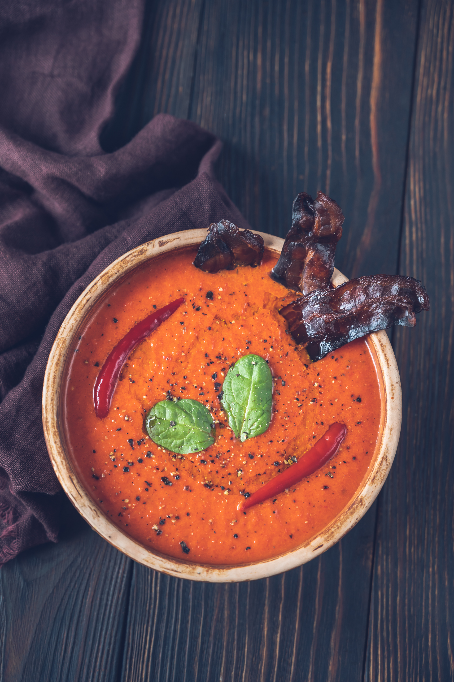 Smoky Andalusian Gazpacho with Roasted Red Peppers — Soup served and photographed from above