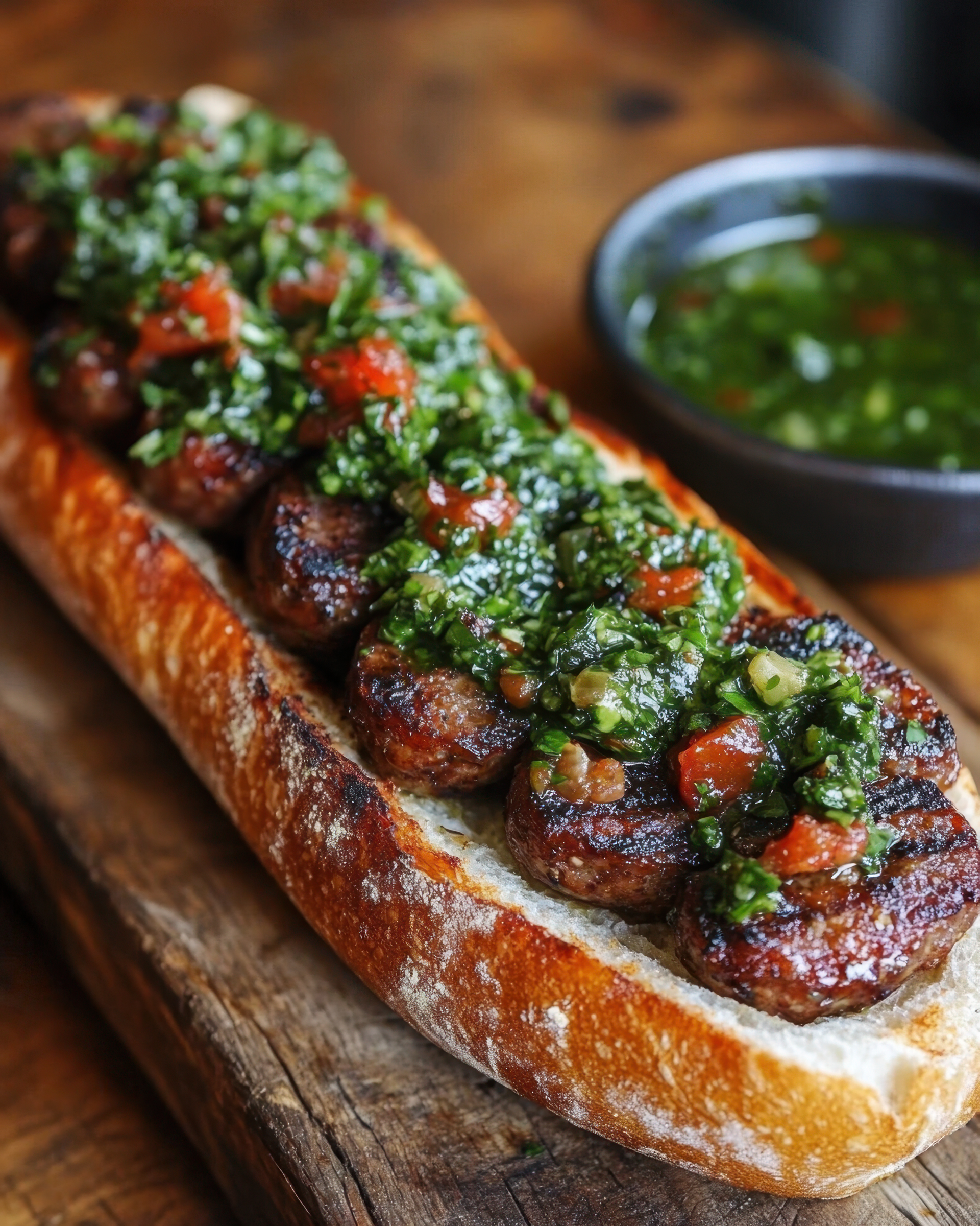 Overhead flat-lay of all ingredients for Smoky Argentinian Choripán with Chimichurri Sauce laid out on a kitchen surface.